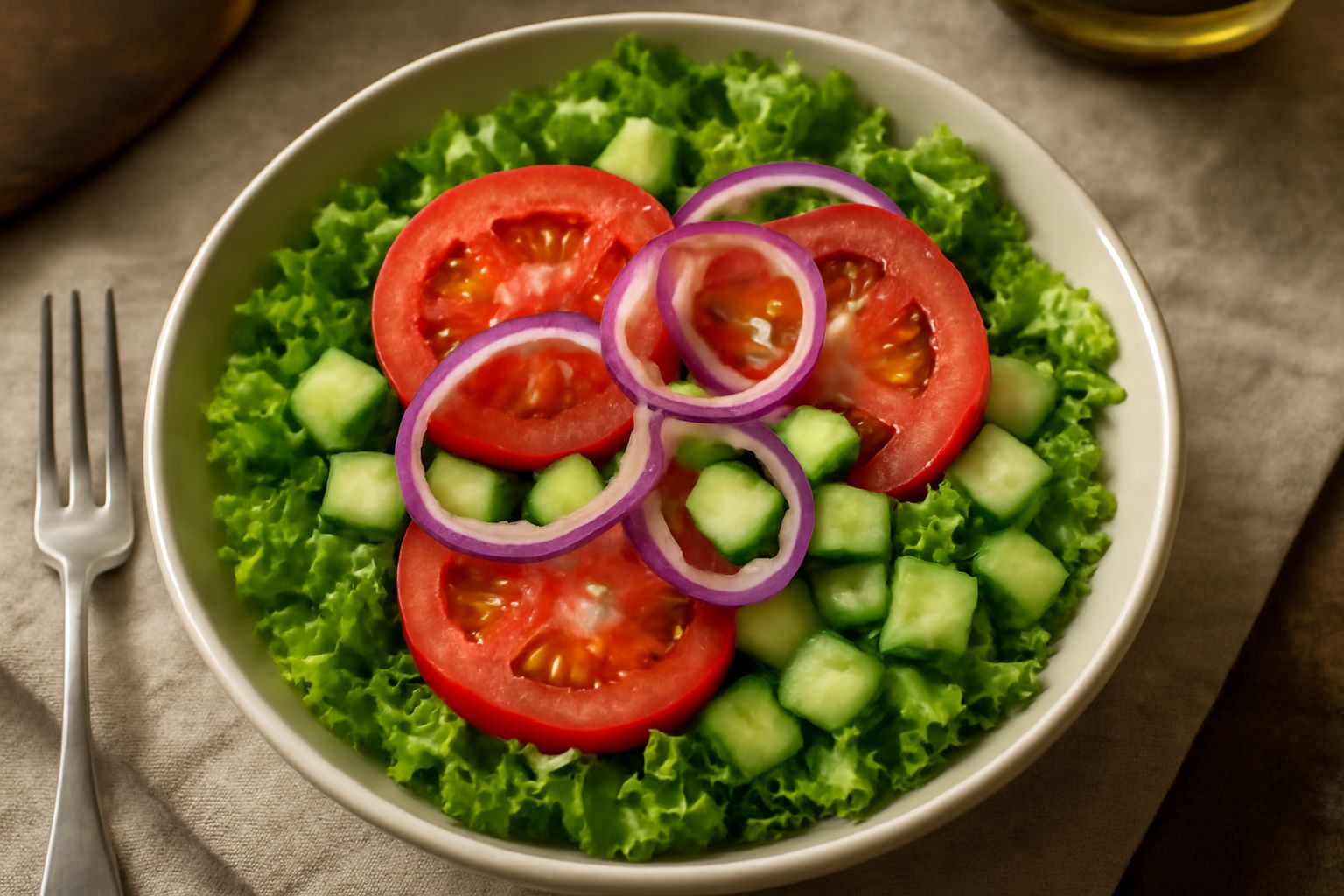 Insalata in ciotola di ceramica bianca: lattuga verde intrecciata con fette di pomodoro rosso vivo, rondelle di cipolla viola pallido, cubetti di cetriolo verde chiaro, condita con filo d'olio dorato,