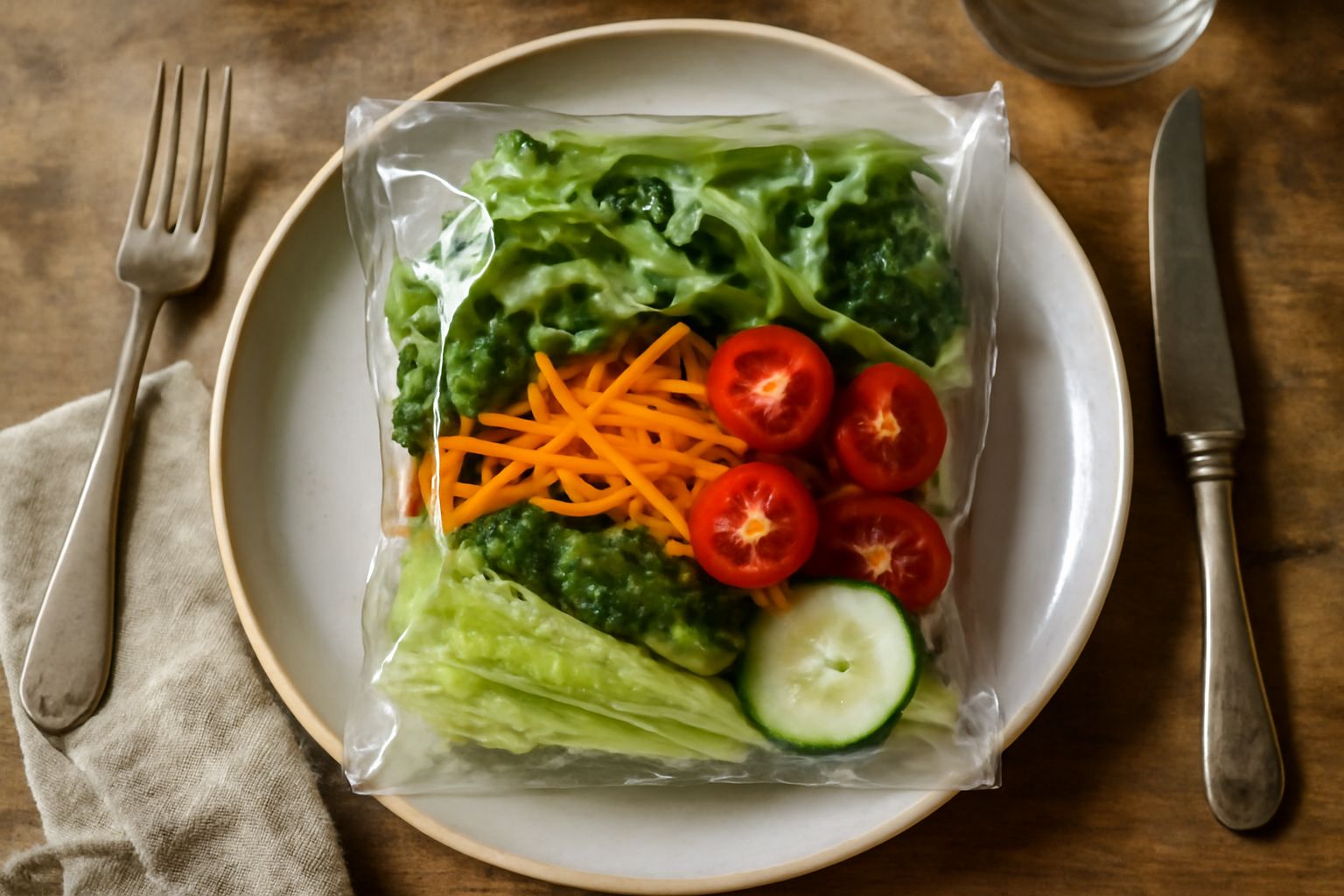 Insalata mista croccante in sacchetto sottovuoto trasparente con lattuga romana, rucola, carote tagliate sottili e pomodorini, colori vivaci ben visibili attraverso la plastica sigillata