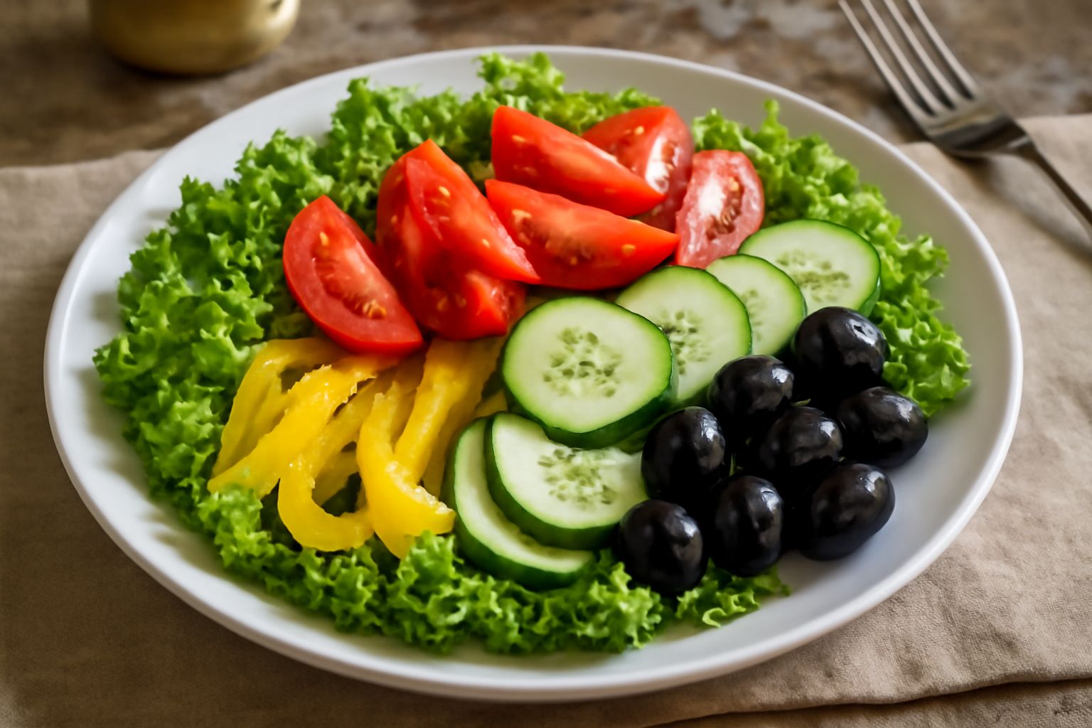 Insalata mista tarantina in ciotola di vetro: lattuga verde riccia, pomodori rossi tagliati a spicchi, cetrioli bianchi a fettine sottili, olive nere, formaggio bianco sbriciolato, cipolla rossa e pep