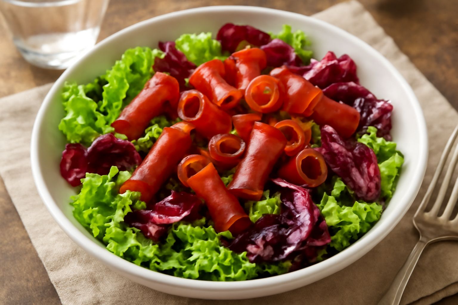 Insalata mista tirolese in una ciotola bianca: lattuga verde chiaro, radicchio rosso scuro, striscioline di speck marrone, cubetti di formaggio giallo pallido, cipolla rossa sottile, il tutto condito 