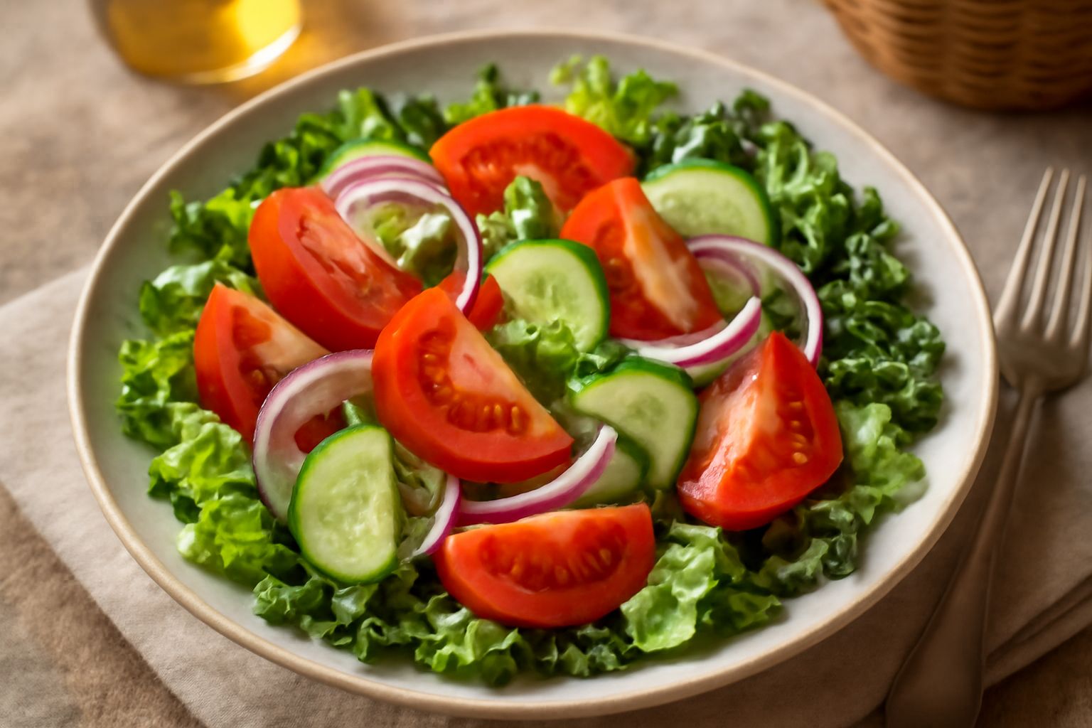 Insalata mista toscana in ciotola bianca con lattuga verde, pomodori rossi, cetrioli, cipolla violetta, pane tostato dorato e filo di olio extravergine lucido sulla superficie