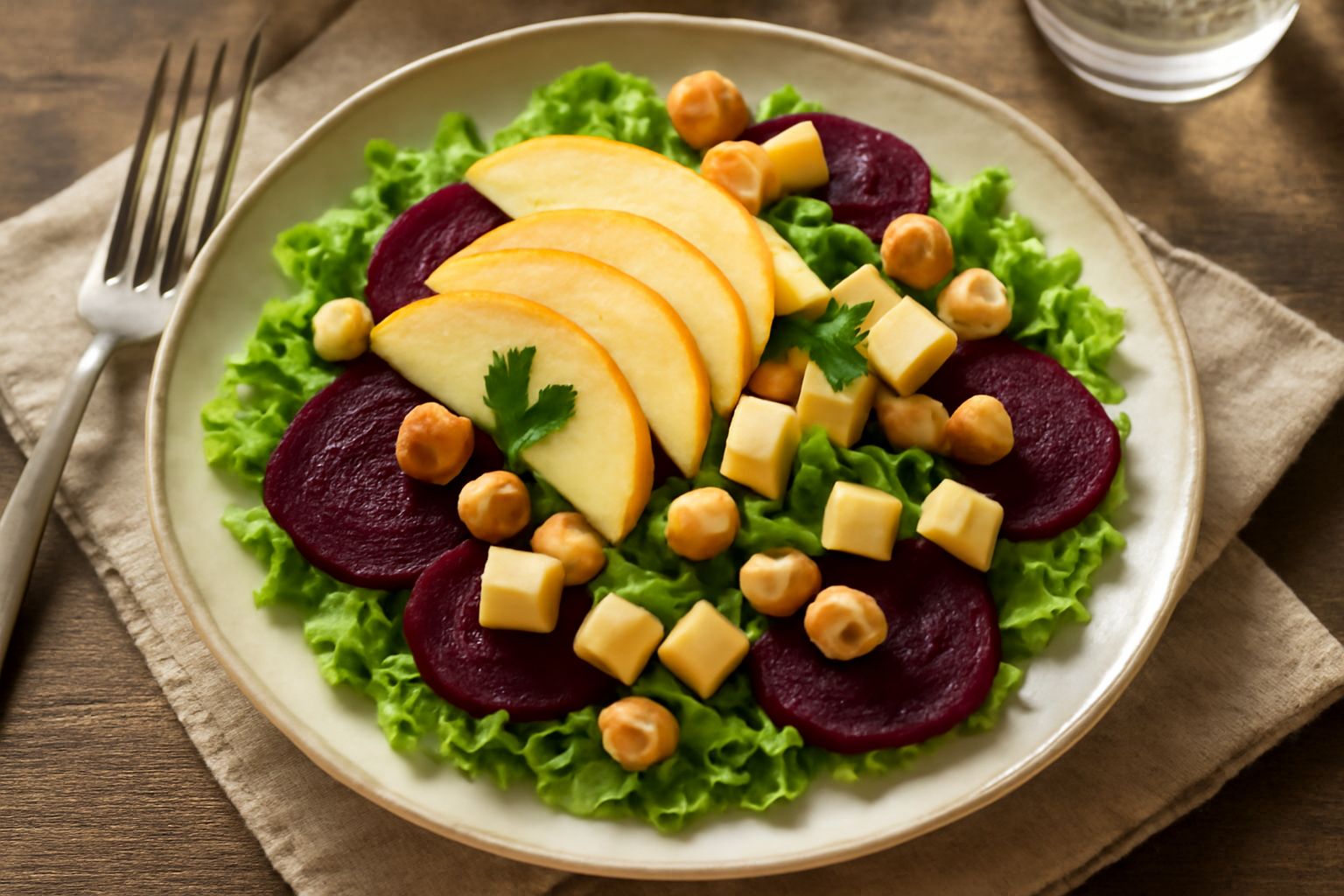 Insalata mista su piatto bianco con lattuga verde, barbabietola rossa a fettine, mela gialla, noci tostate e cubetti di formaggio Fontina giallo paglierino, condita con olio e aceto balsamico