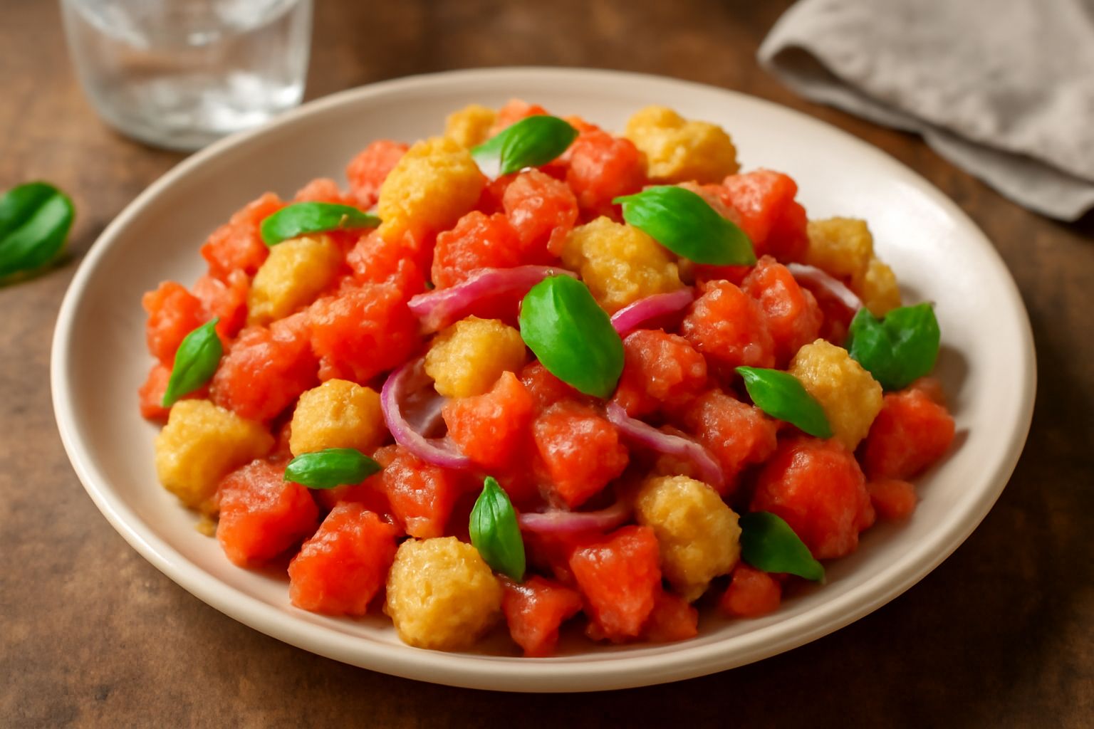 Insalata pantanella in ciotola bianca: cubetti di pane giallo-beige mescolati con pomodori rossi a dadini, cipolla viola, basil verde brillante e filamenti di olio d'oliva, servita su tavolo di legno 