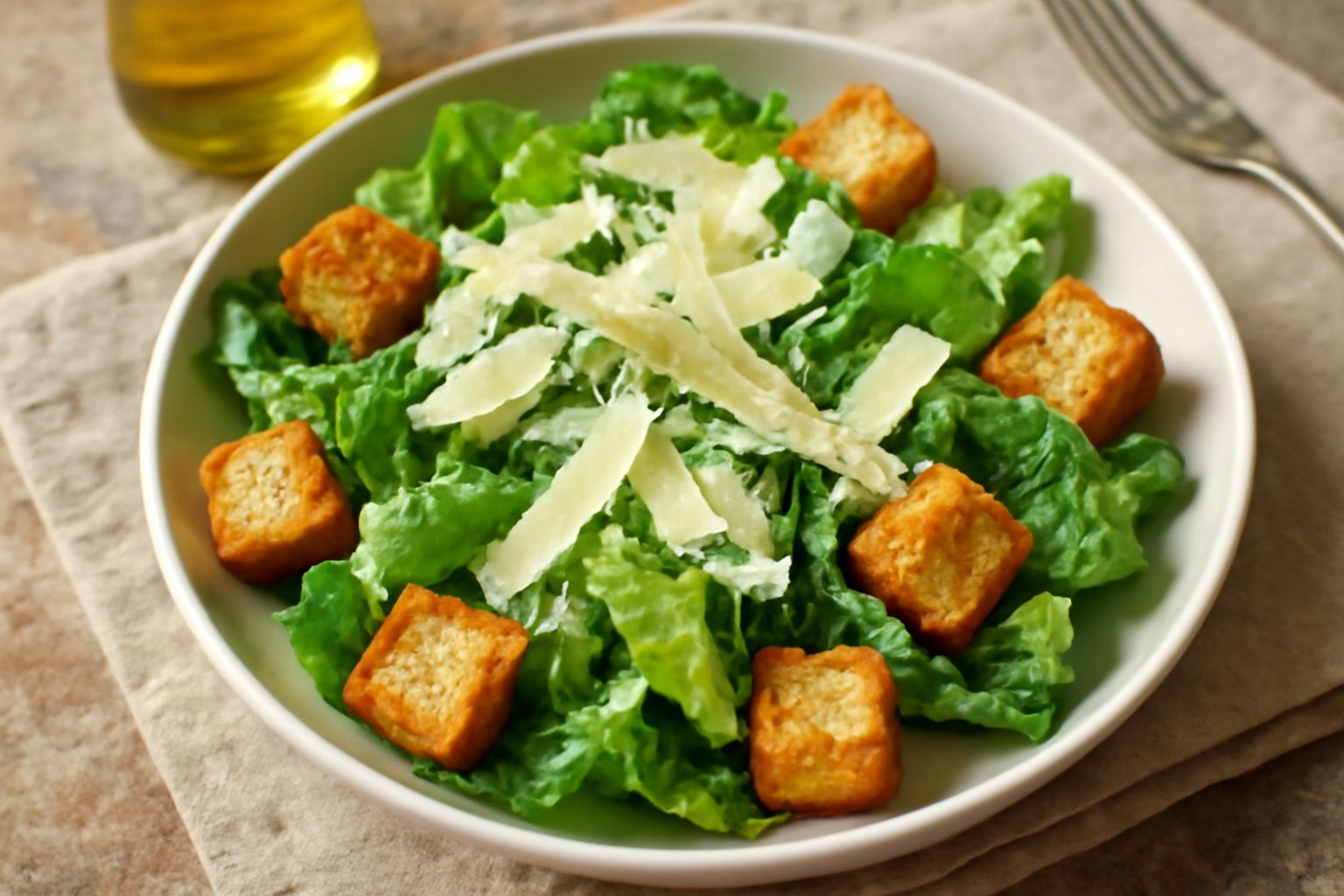 Insalata romana in ciotola bianca con foglie di lattuga verde croccante, scaglie di parmigiano dorato, crostini tostati e condimento d'olio d'oliva, vista dall'alto su tavolo di legno