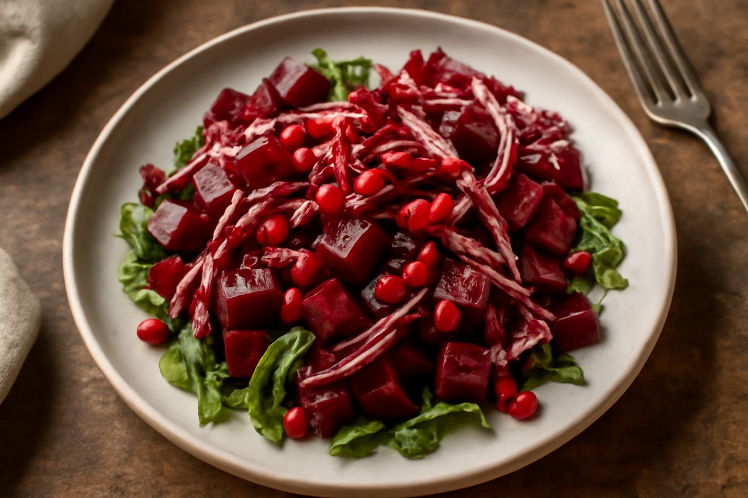 Insalata rossa servita in ciotola bianca: barbabietola tagliata a dadini di colore rosso scuro, radicchio rosso a striscioline, semi di melagrana rossi brillanti, rucola verde, mandorle tostate, il tu