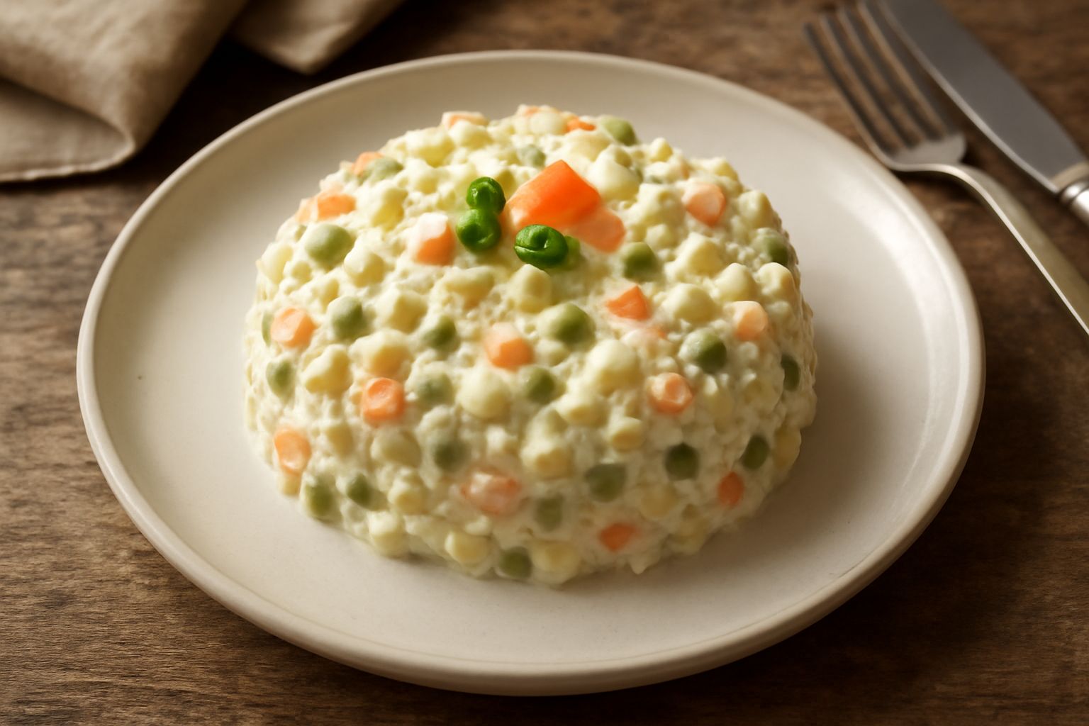 Insalata russa in una ciotola di vetro trasparente, visibili i cubetti colorati di patata bianca, carota arancione e piselli verdi in una crema bianca di maionese, decorata con un'oliva nera
