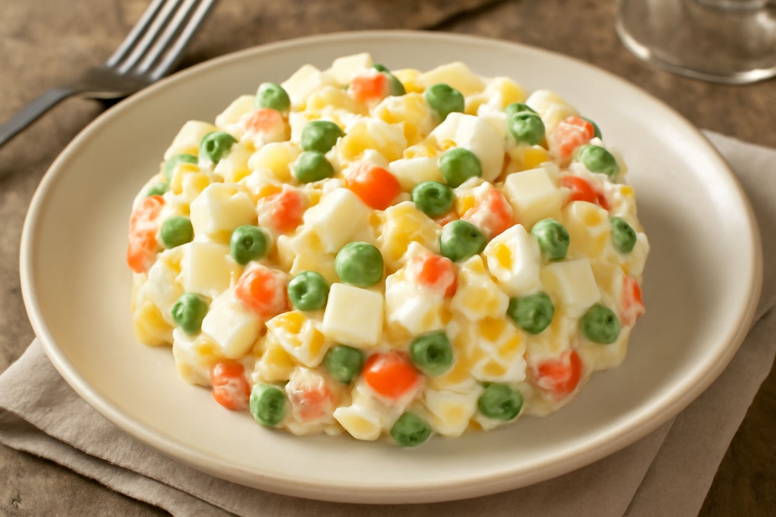 Insalata russa triestina servita in piatto bianco: cubetti di patate e carote gialle, piselli verdi e pezzi di uovo sodo mescolati a maionese cremosa, guarnita con una foglia di prezzemolo fresco