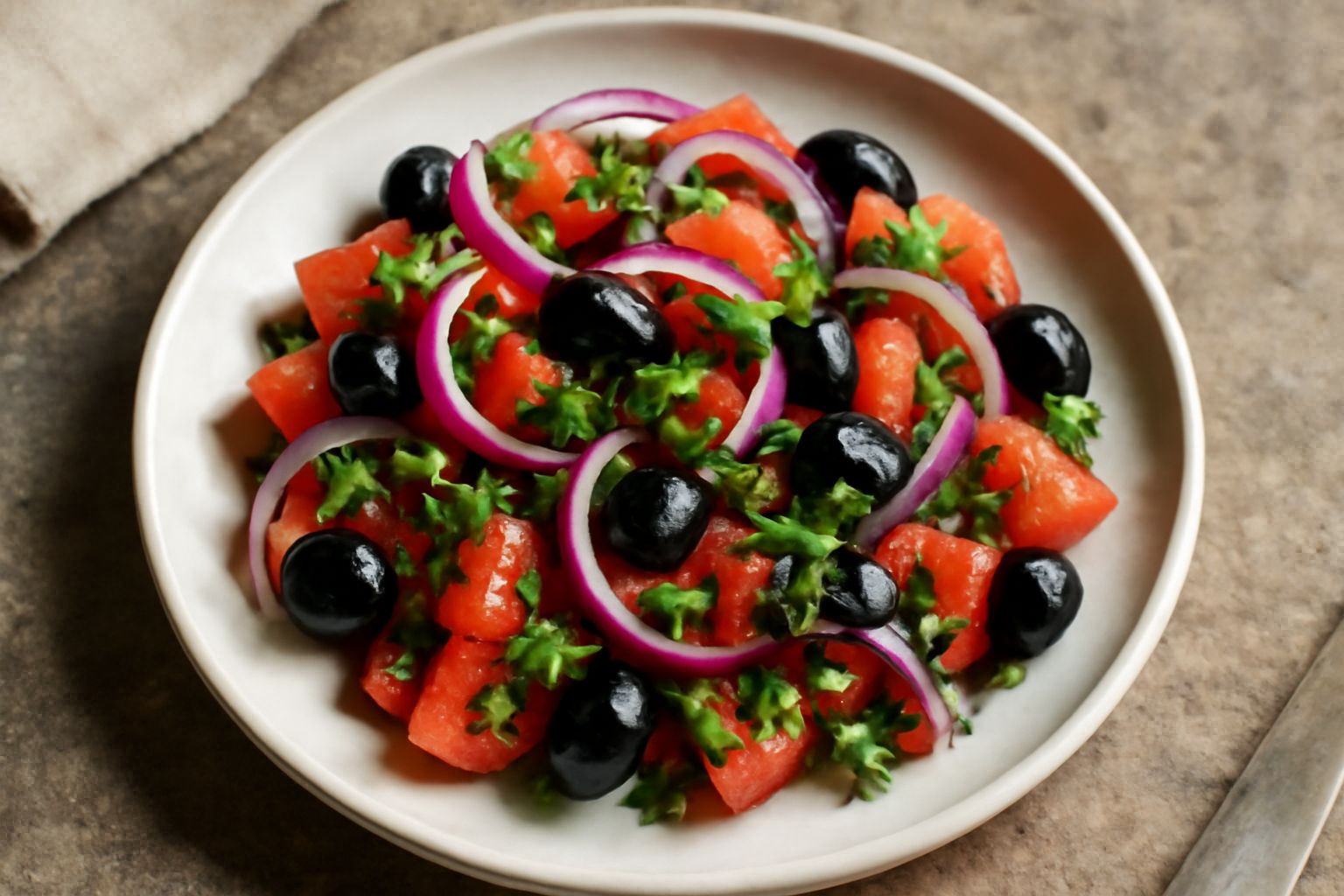 Insalata siciliana in una ciotola bianca: pomodori rossi tagliati a pezzi, cipolle rosse sottili, olive nere, capperi verdi e prezzemolo fresco tritato, condita con olio d'oliva lucido