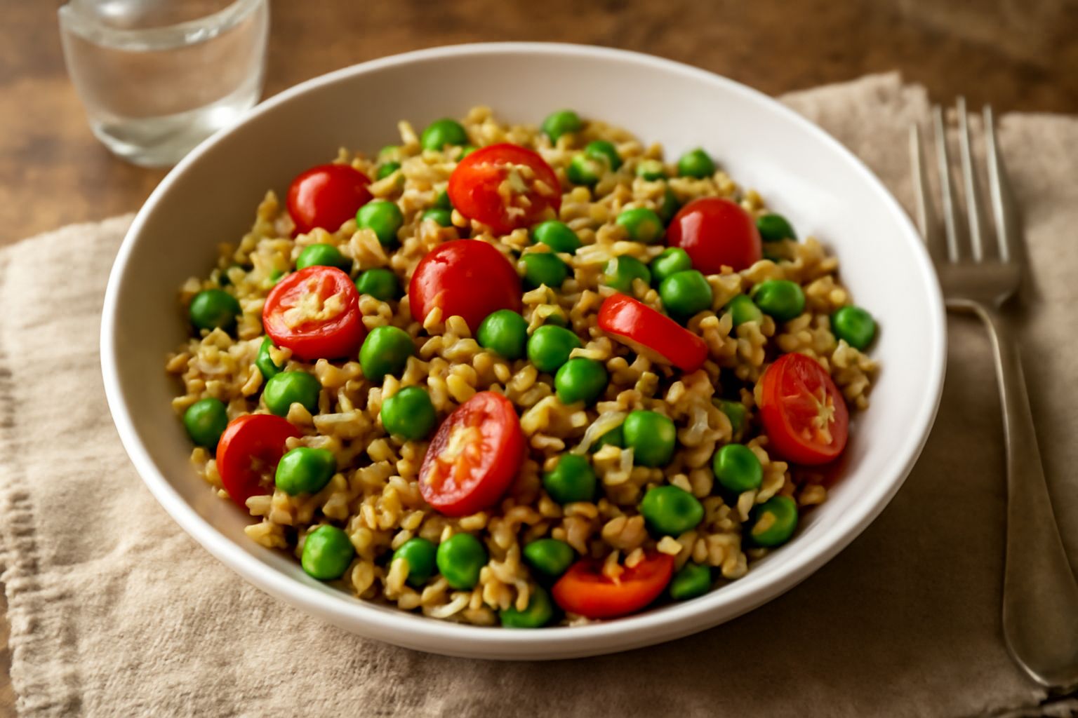 Insalata tiepida di farro in piatto bianco con chicchi dorati di farro, pomodori rossi, cetrioli verdi, piselli gialli e cipolla rossa, condita con olio verde, erbe fresche in cima