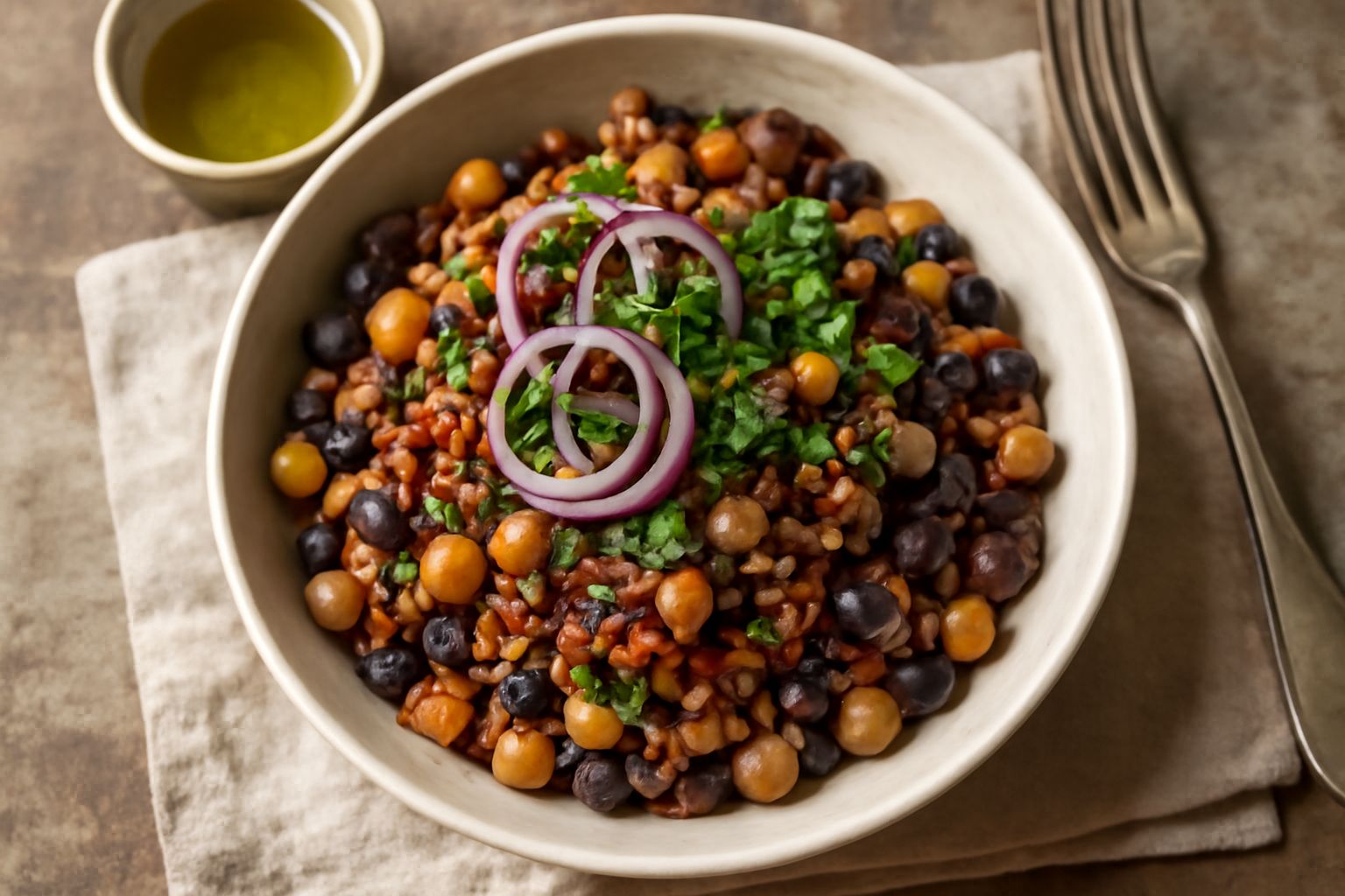 Insalata tiepida di legumi in una ciotola bianca: ceci gialli, lenticchie rosse e fagioli neri ancora fumanti, mescolati con cipolla rossa cruda, prezzemolo verde e gocce di olio d'oliva che brillano 