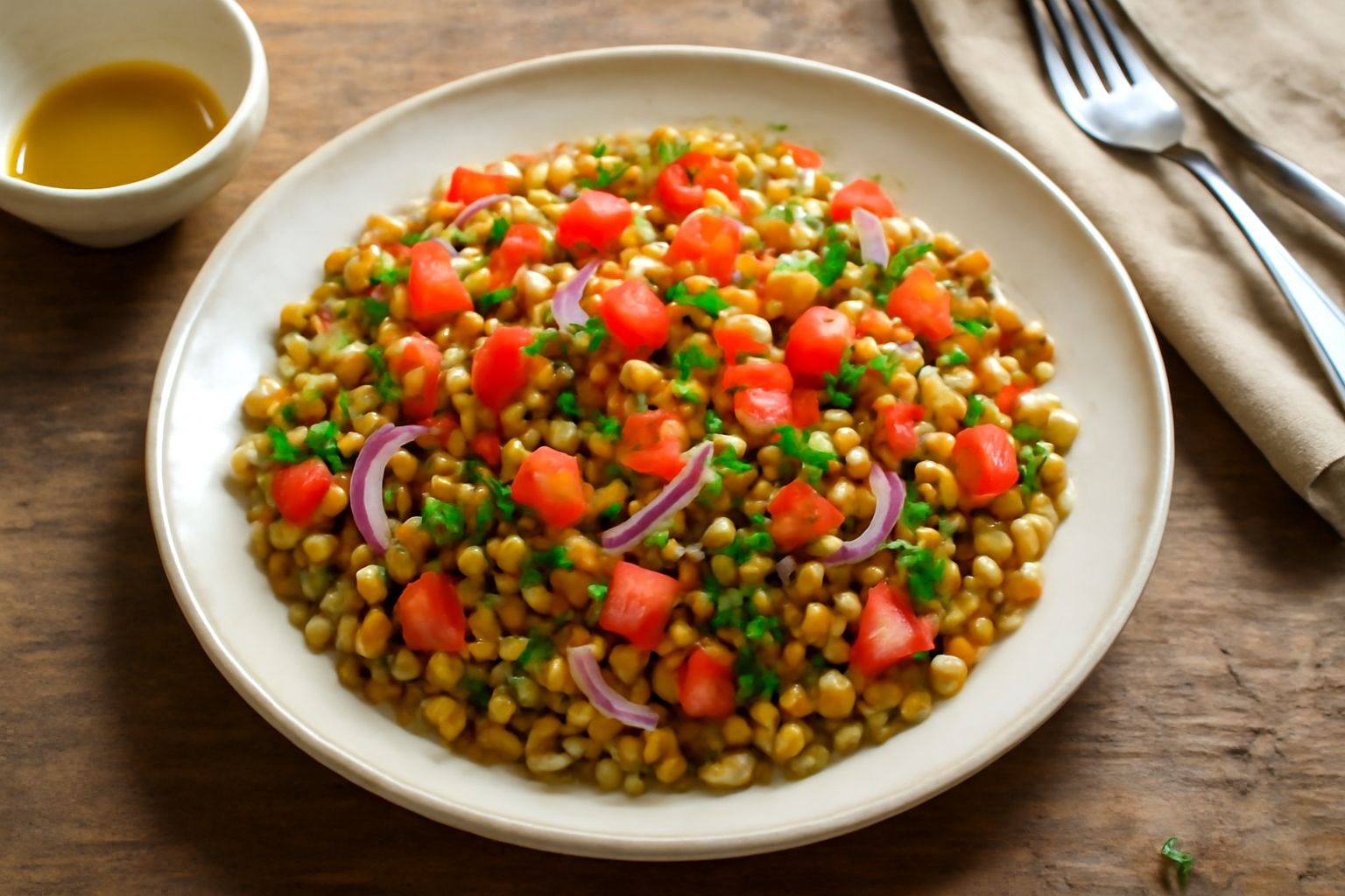 Insalata tiepida di lenticchie in un piatto bianco: lenticchie brunastre appena tiepide, pomodori rossi a dadini, cipolla rossa, prezzemolo verde fresco, condite con olio d'oliva lucido