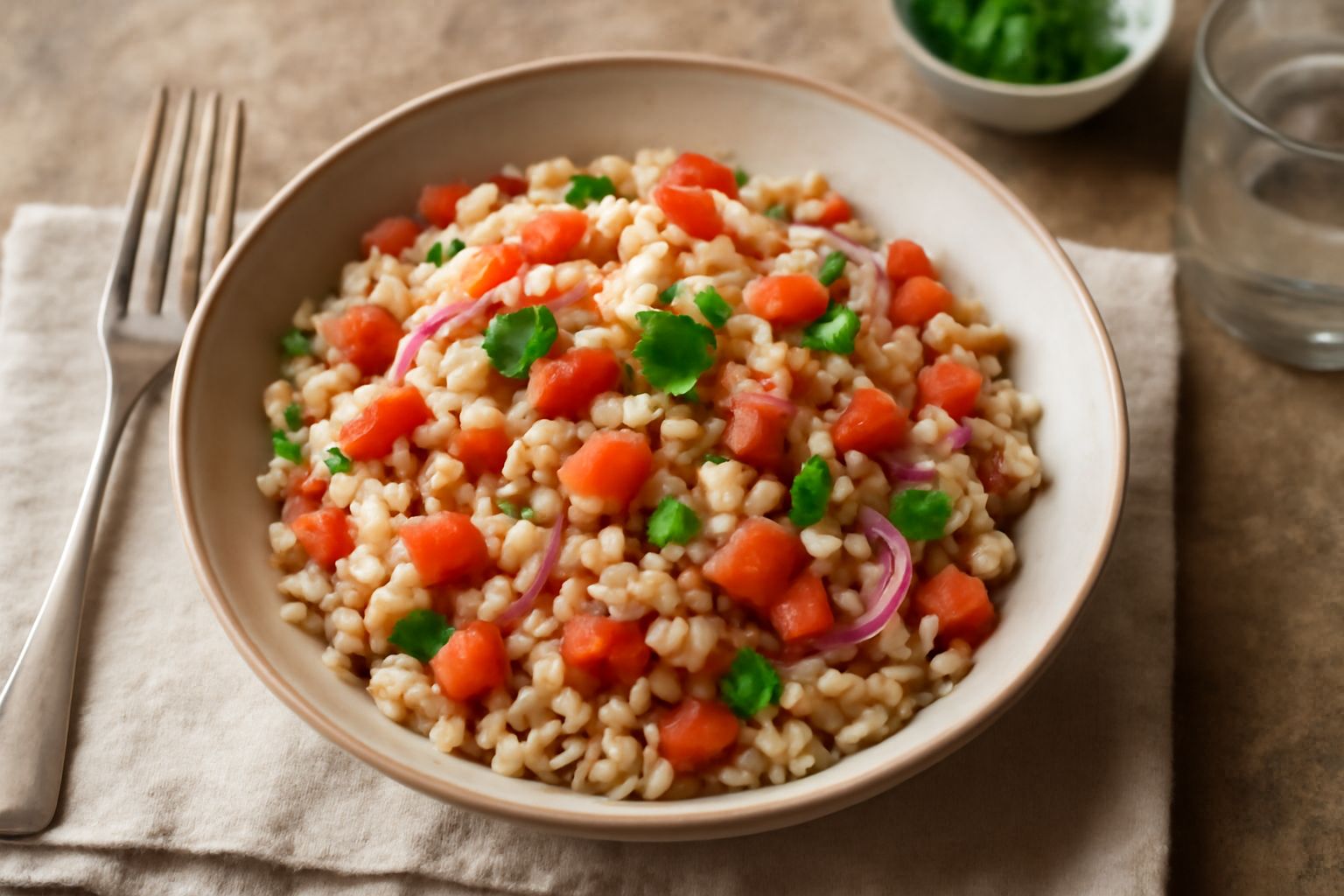 Ciotola bianca con insalata tiepida di orzo perlato, pomodori rossi a dadini, cipolla rossa, prezzemolo fresco verde, olio d'oliva dorato, su tavolo di legno chiaro con luce naturale