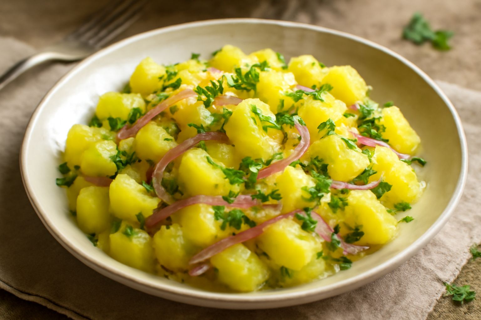 Insalata tiepida di patate in ciotola bianca: patate gialle tagliate in pezzi medi, cipolla rossa trasparente, prezzemolo fresco verde, condimento lucido di olio, vapore leggero che sale dal piatto