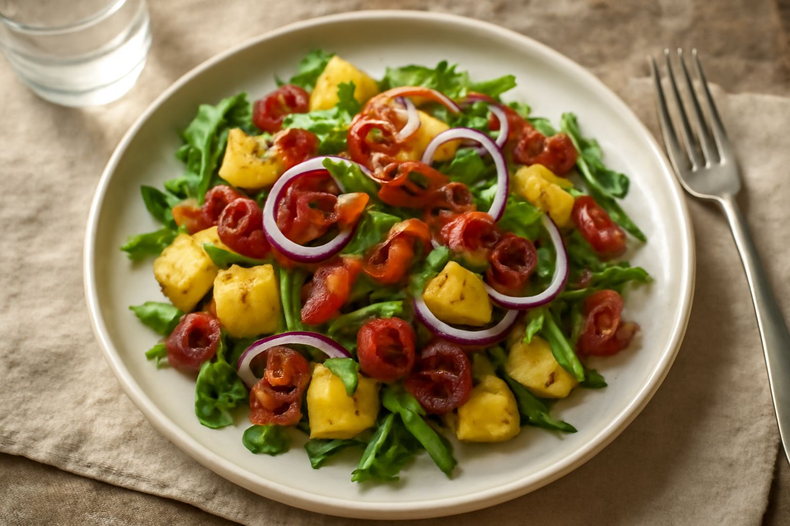 Insalata tiepida servita in un piatto bianco con patate dorate tagliate a dadini, speck arrotolato color marrone scuro, cipolla rossa, rucola fresca e pepe nero, condita con olio lucido