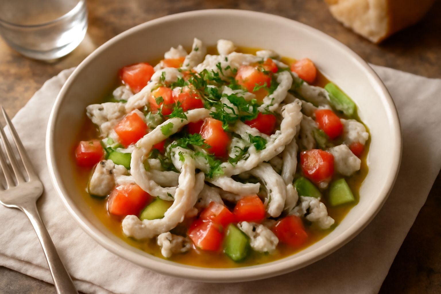 Insalata tiepida di trippa in ciotola bianca: strisce di trippa bianca e grigia, pomodori rossi tagliati, verdure verdi, cipolla bianca, tutto coperto di olio lucido e prezzemolo fresco tritato