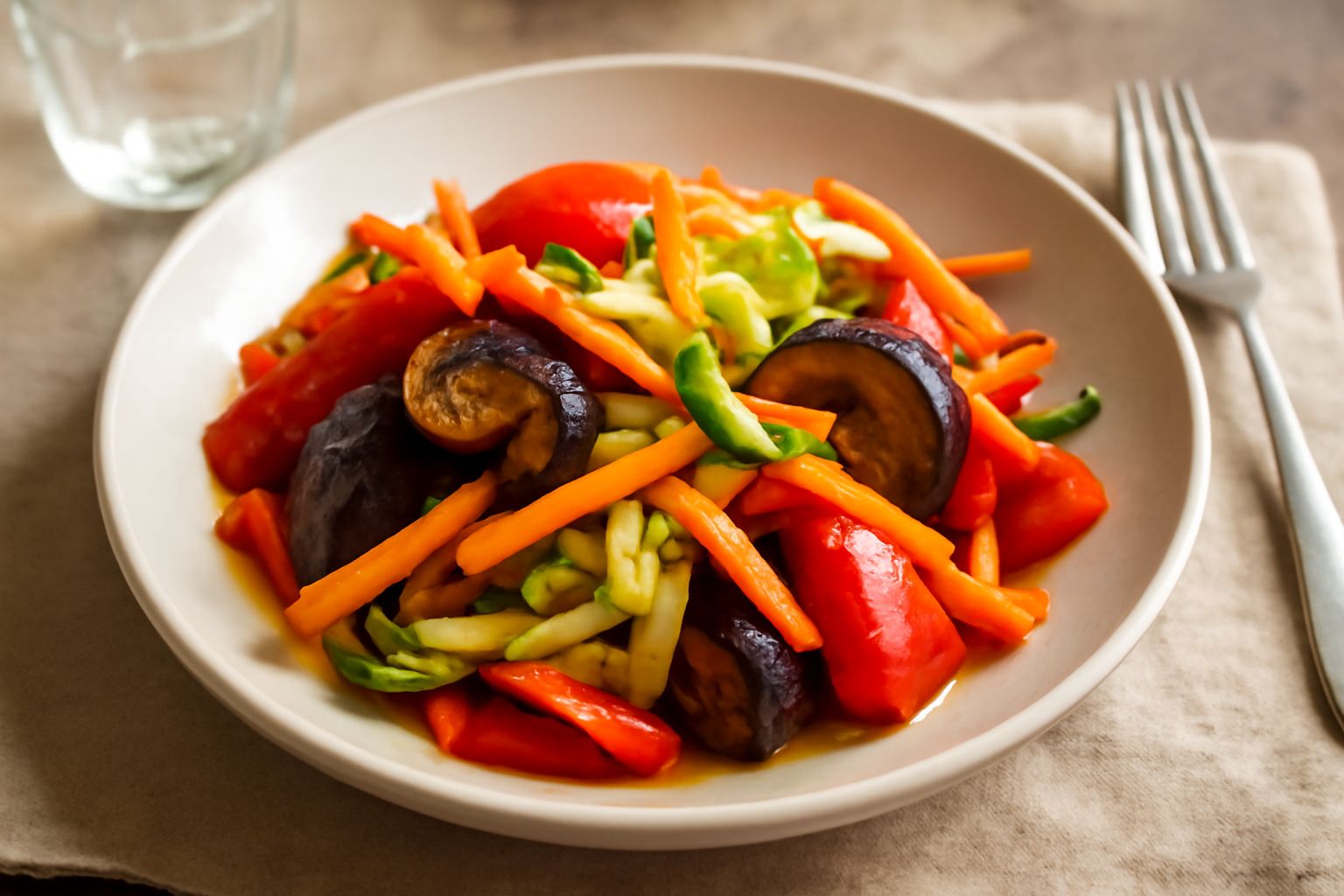 Insalata tiepida in ciotola bianca: melanzane grigliate, zucchine tagliate, peperoni rossi e gialli, carote crude in bastoncini, pomodori, cipolla rossa e foglie verdi di basilico fresco, cosparso di 
