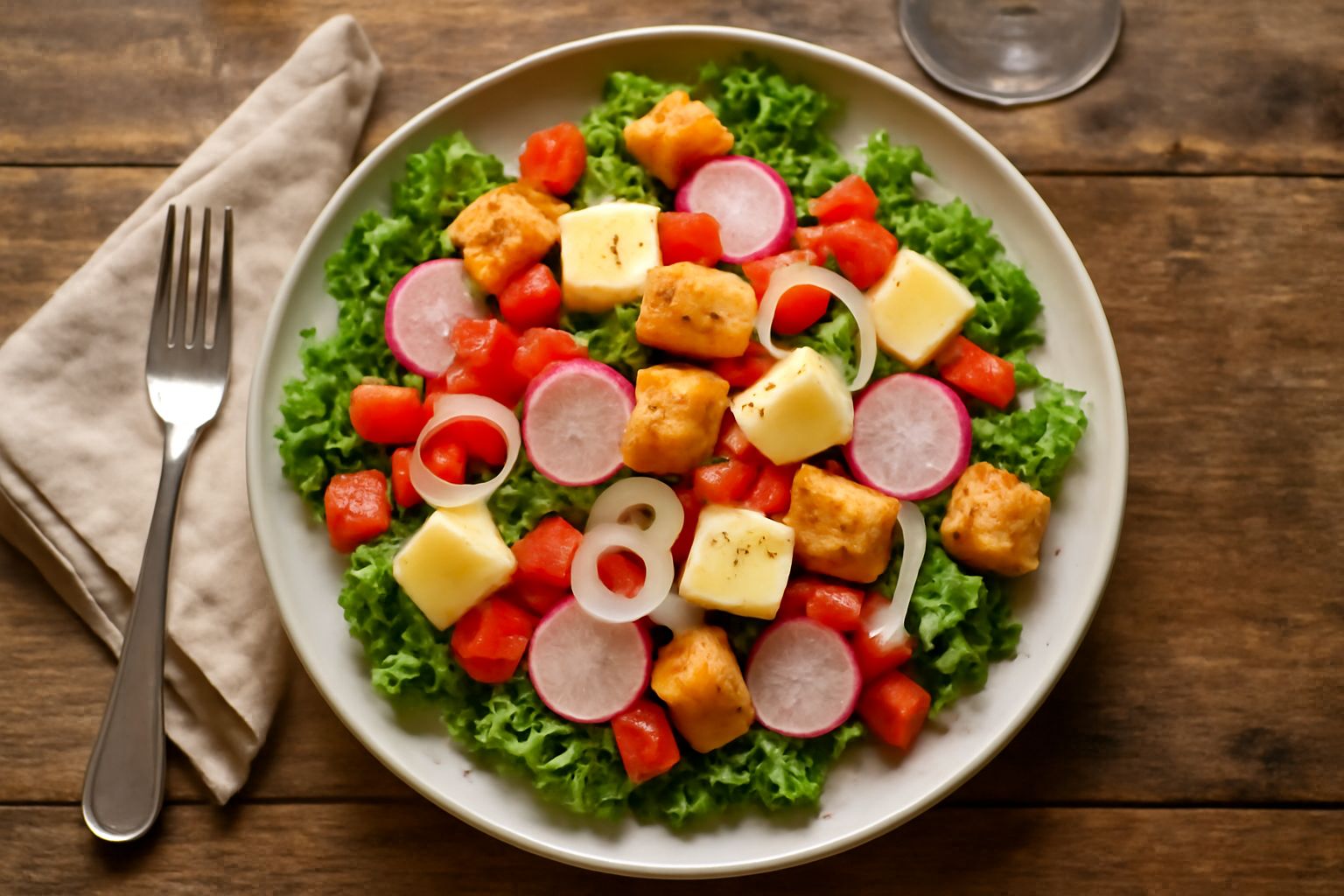 Insalata tirolese in ciotola bianca: lettuga verde brillante, pomodori rossi tagliati a pezzetti, ravanelli rosa, croutini dorati e scaglie di formaggio giallo, condita con olio