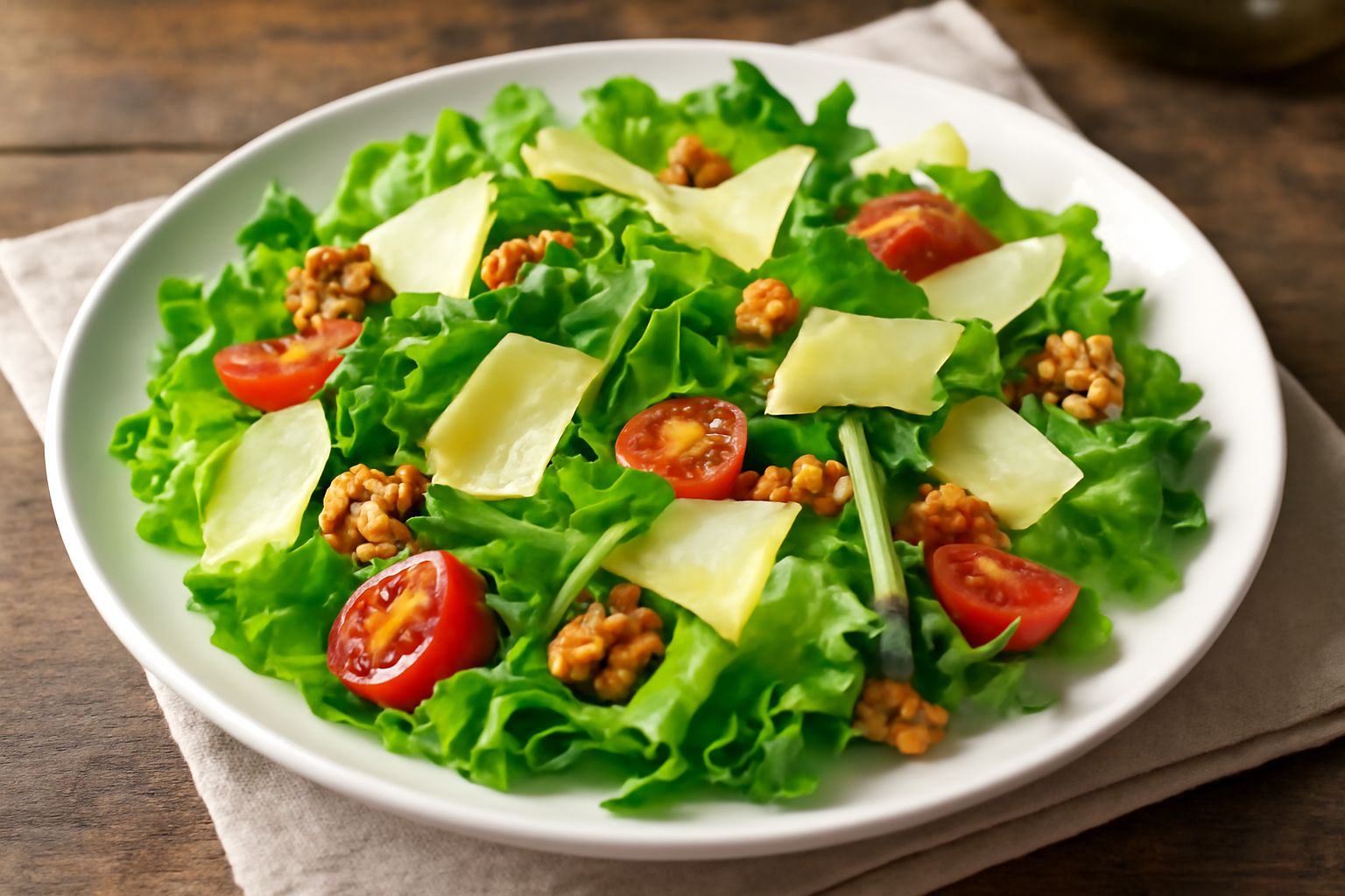 Insalata verde in ciotola bianca con scaglie di formaggio di fossa giallognolo, noci tostate, pomodorini rossi e foglie lucide di lattuga e rucola, condita con olio d'oliva dorato