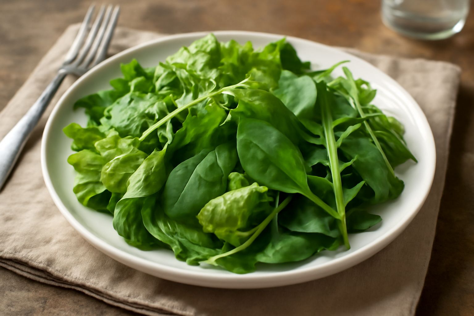 Insalata verde mista servita in un piatto bianco: lattuga romana verde pallido, rucola scura e riccia, spinaci teneri, condita con gocce di olio dorato, fondo chiaro in ceramica