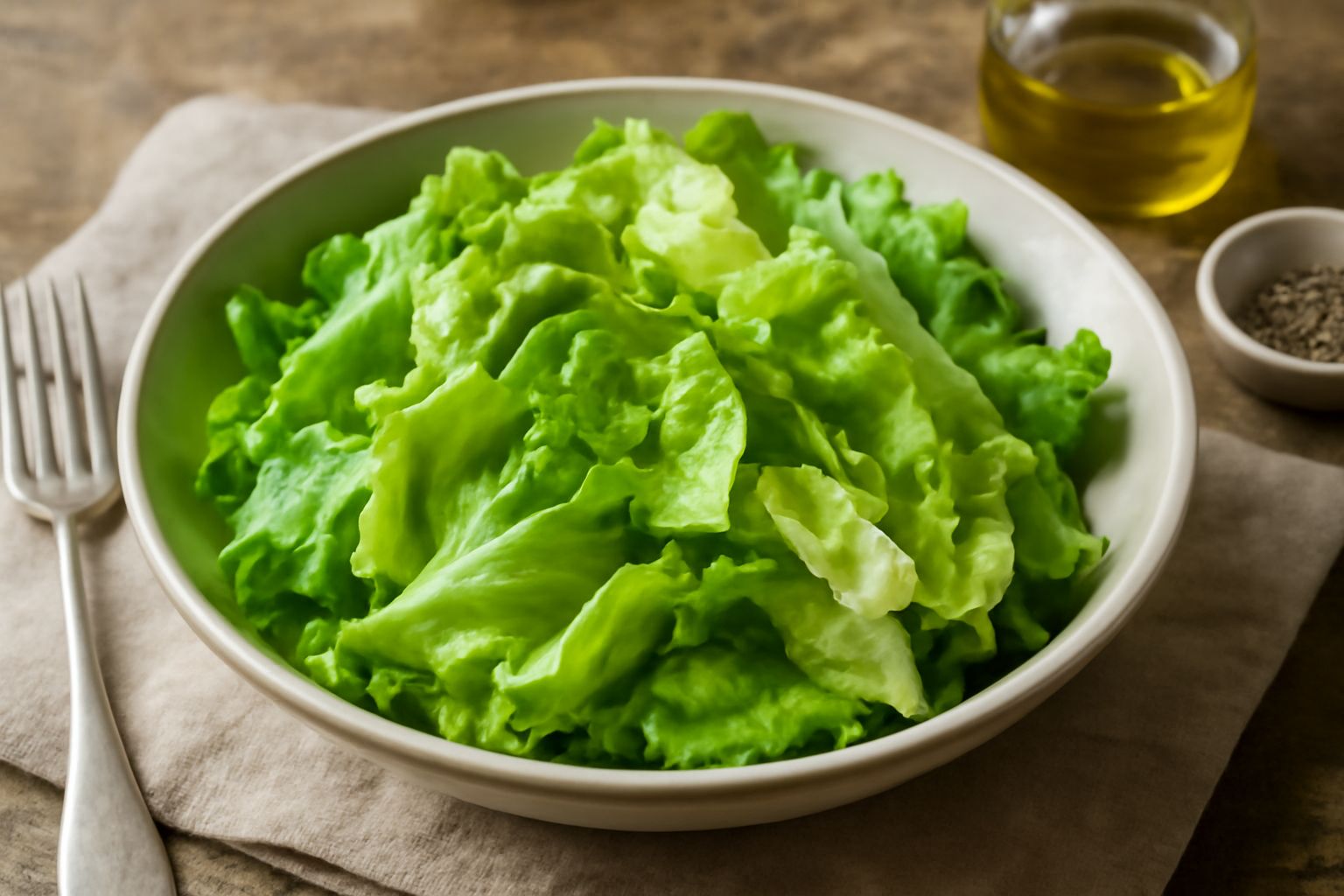 Insalata verde in ciotola di ceramica bianca con foglie di lattuga croccanti di colore verde brillante, condita con gocce di olio, con limone affettato e sale marino a lato nel piatto