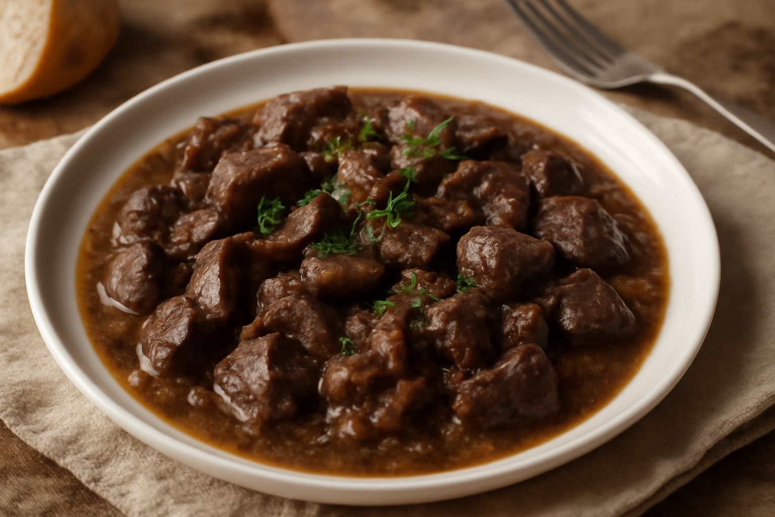 Piatto bianco con interiora ca' cipuddi: frattaglie scure e tenere in umido con cipolle dorate e salsa marrone scuro, guarnito con prezzemolo fresco, servito su fondo scuro.