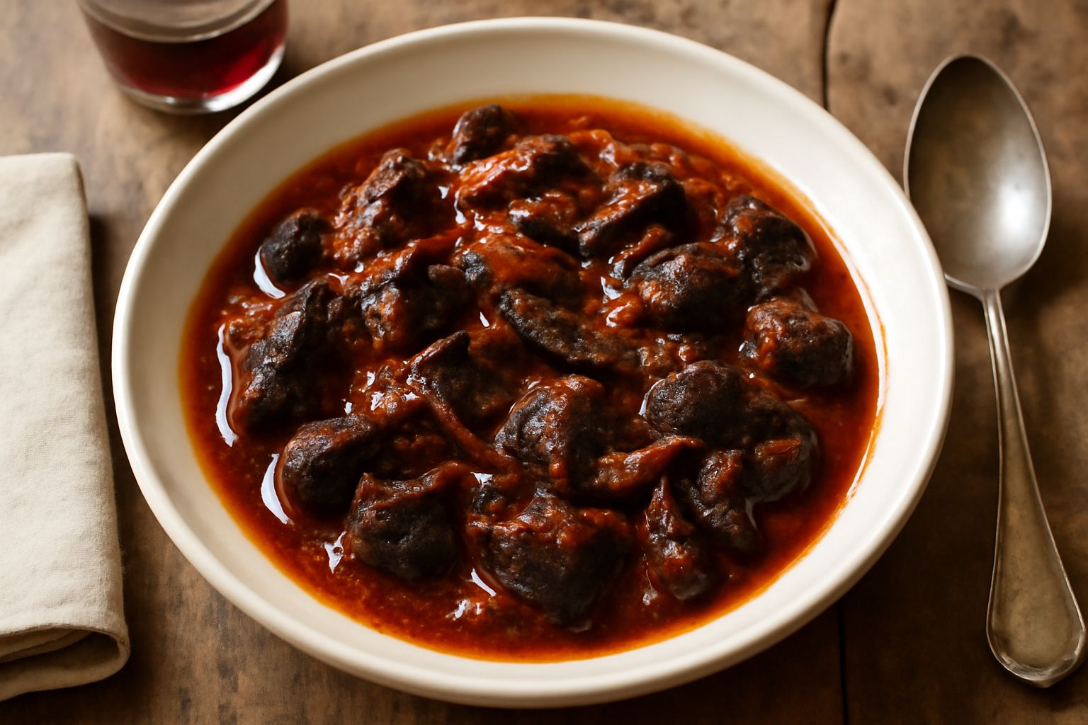 Piatto di ceramica bianca con interiora scure in salsa rossa densa, pezzetti di fegato visibili, salsa che copre uniformemente, contorno di insalata verde scura ai bordi, tavolo di legno scuro con pan