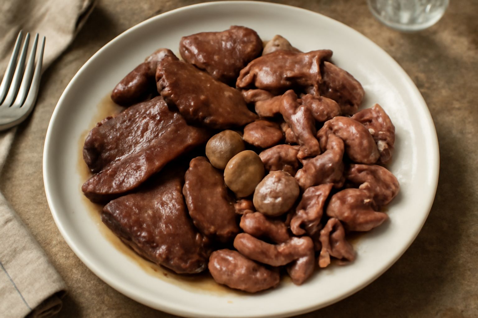 Interiora d'agnello trifolate in padella: fegato rosa chiaro tagliato a strisce, rognoni in pezzi e cuore, conditi con prezzemolo fresco tritato, su fondo di aglio dorato in olio, in piatto bianco