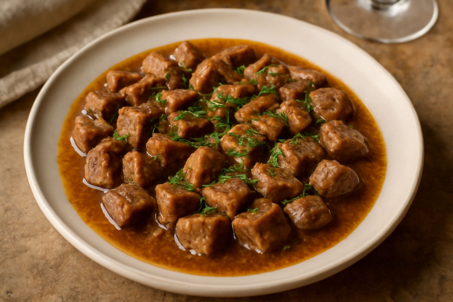 Interiora di capretto cotte in umido, di colore marrone dorato, in un piatto in ceramica con salsa ricca, contorno di pane tostato e rametto di rosmarino fresco.