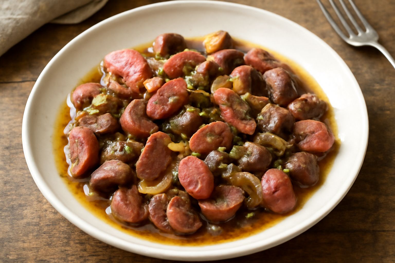 Interiora di maiale tagliate in pezzi uniformi, rosate e dorate in padella con cipolle trasparenti e prezzemolo verde fresco spolverato sopra, su piatto bianco