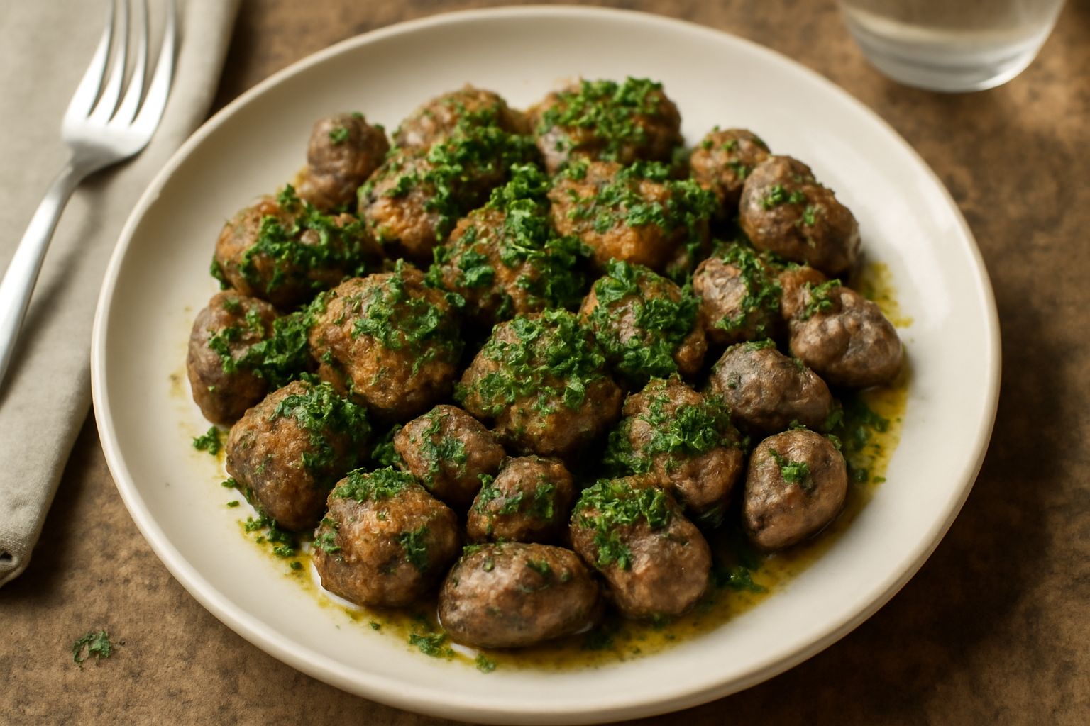 Interiora trifolate in un piatto bianco: fegato e rognone dorati saltati in padella, coperti di prezzemolo verde fresco e aglio, con olio lucido, contorno di limone, su tavolo di legno scuro