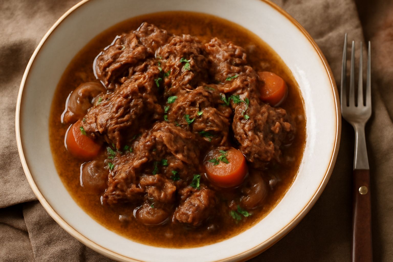 Un piatto fondo di porcellana bianca con intingolo di carne marrone scuro, pezzi di carota arancione e cipolla trasparente, contorno di pane tostato croccante, vapore visibile dalla superficie calda
