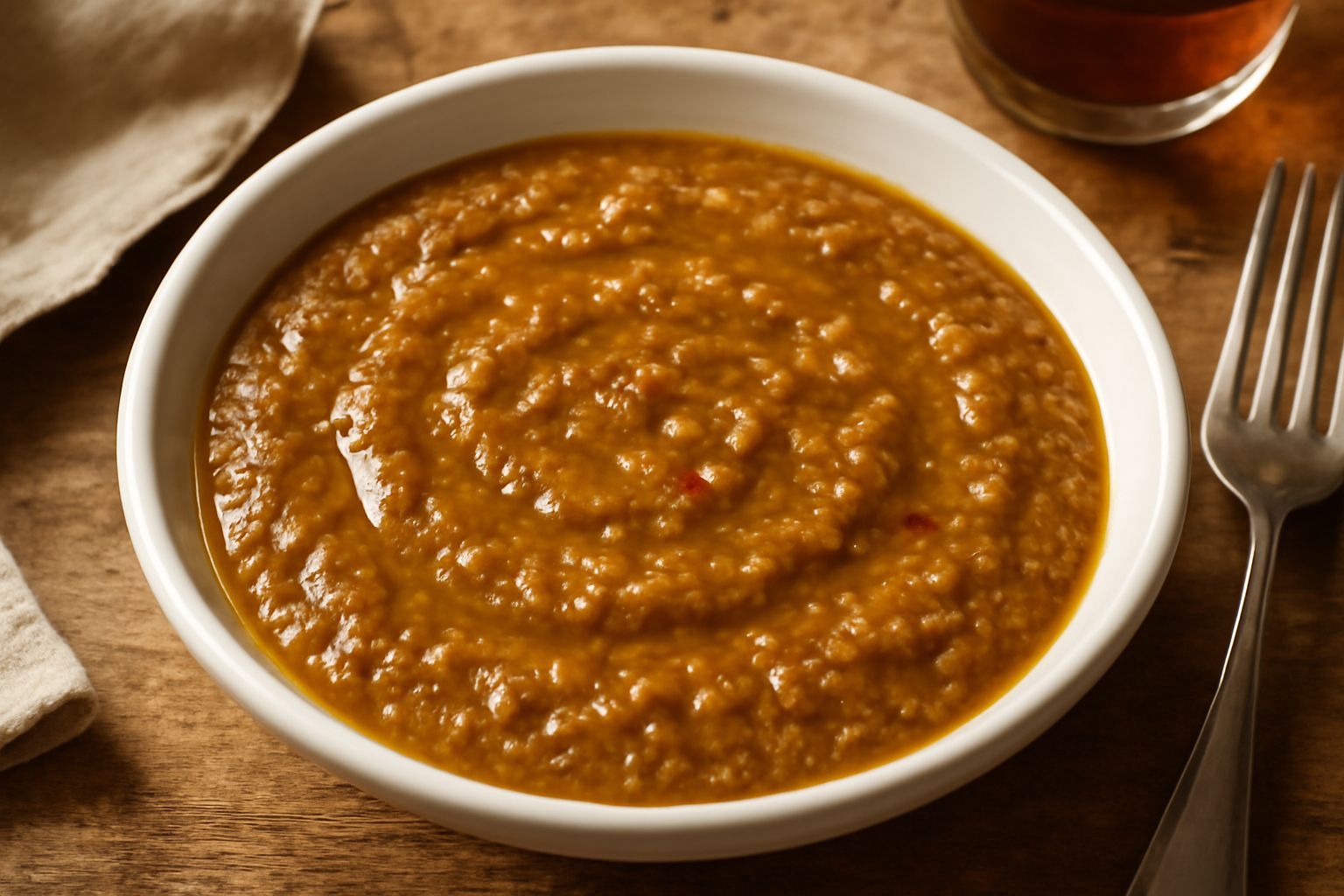Ciotola bianca con intingolo d'acciughe cremoso di colore marrone dorato, con fili di olio verde oliva in superficie e piccoli pezzi di aglio visibili, accompagnato da crostini di pane tostato dispost