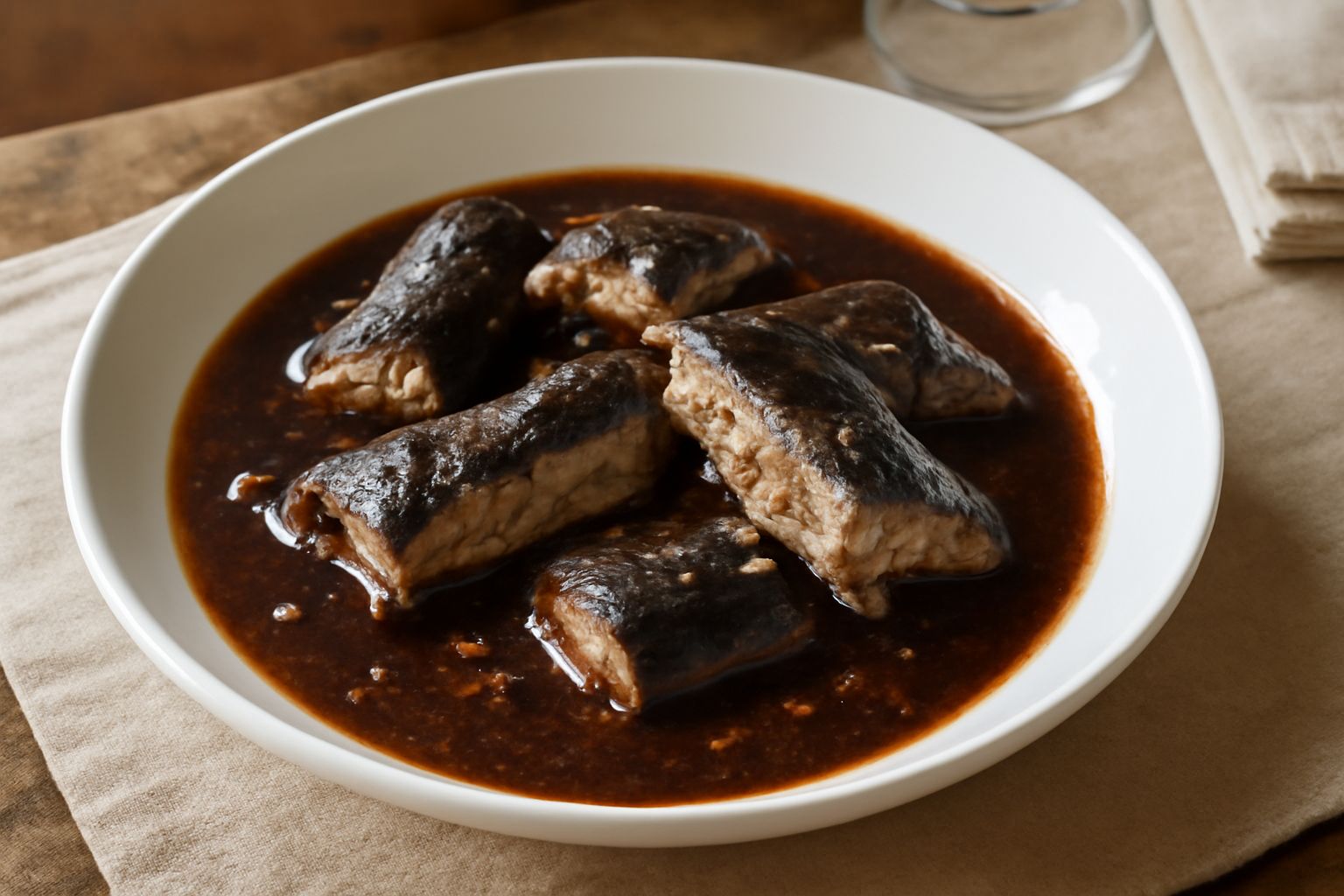 Intingolo di anguilla in una ciotola di ceramica bianca: pezzi di pesce grigio-argentato immersi in un brodo rosso scuro di pomodoro, con erbe aromatiche sparse in superficie, servito su un tavolo di 