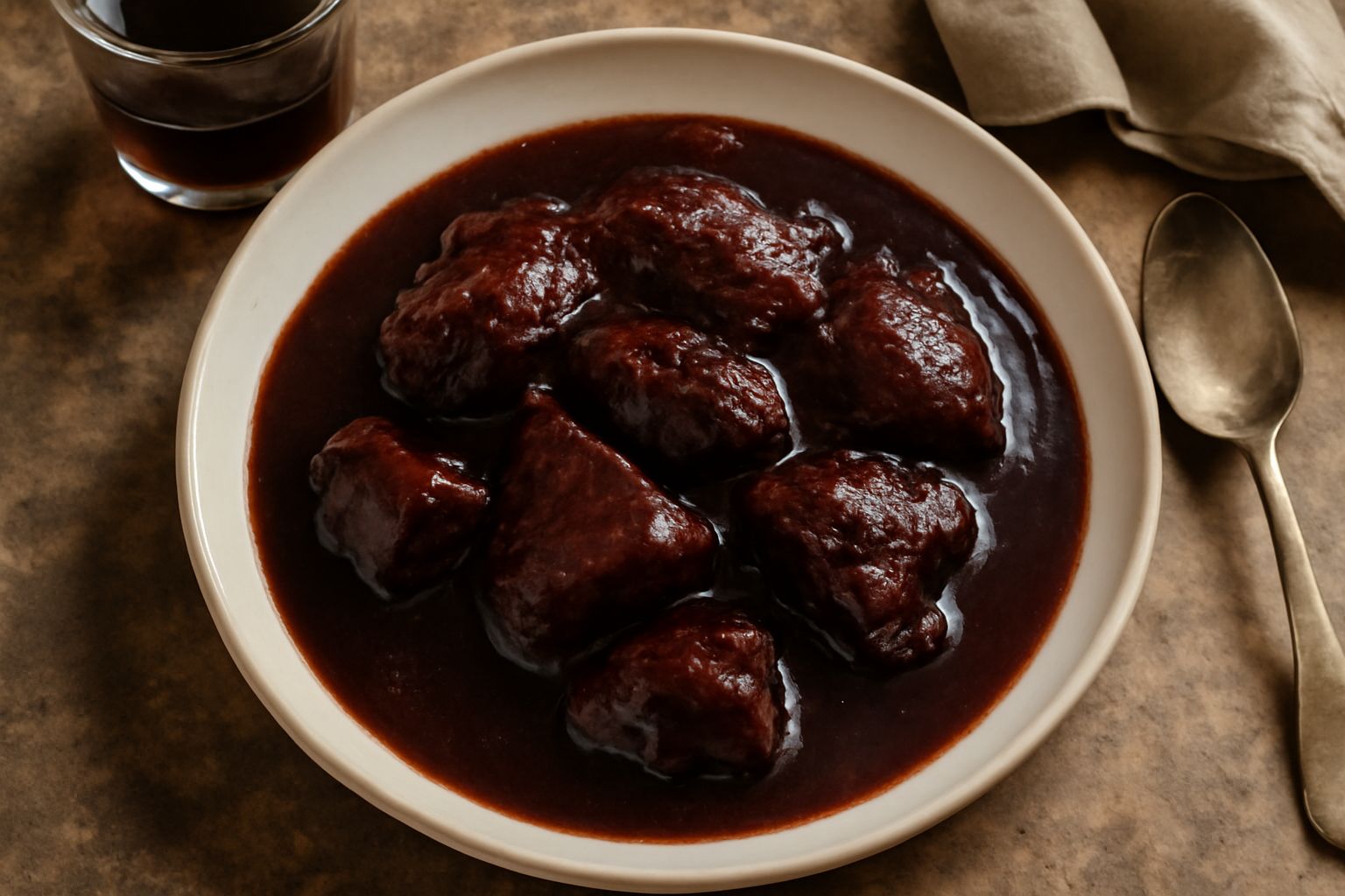 Intingolo di carne e vino rosso in una terrina di ceramica bianca, con pezzi di carne scura immersi in sugo rosso scuro, guarnito con rosmarino fresco e servito con pane tostato accanto