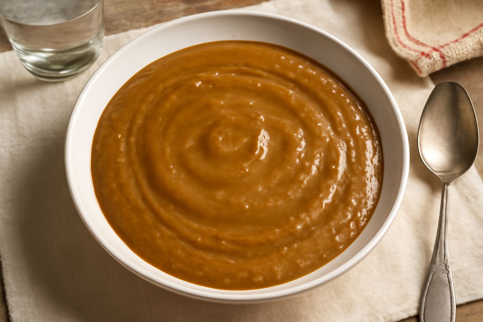 Intingolo di cipolla in ciotola di ceramica bianca, colore marrone dorato uniforme, consistenza densa cremosa, servito tiepido con cucchiaio di legno accanto e fette di pane tostato sul lato del piatt