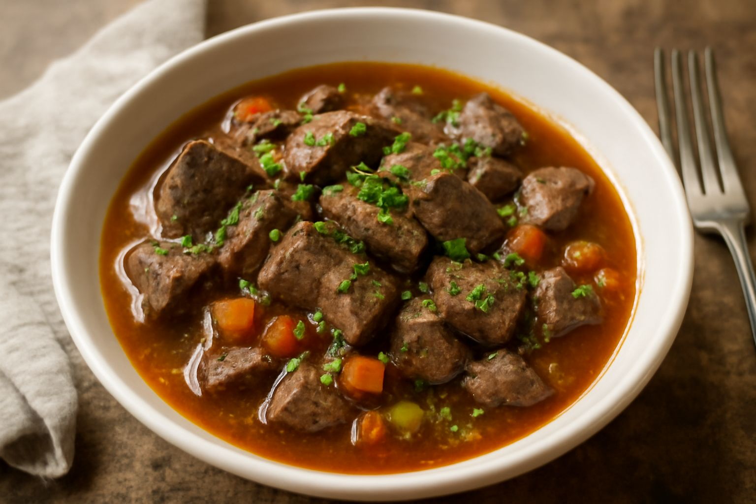 Intingolo di fegato in ciotola di ceramica bianca: pezzi di fegato scuro e tenero immersi in brodo rosso-marrone con verdure tagliate, guarnito con prezzemolo fresco tritato, servito tiepido