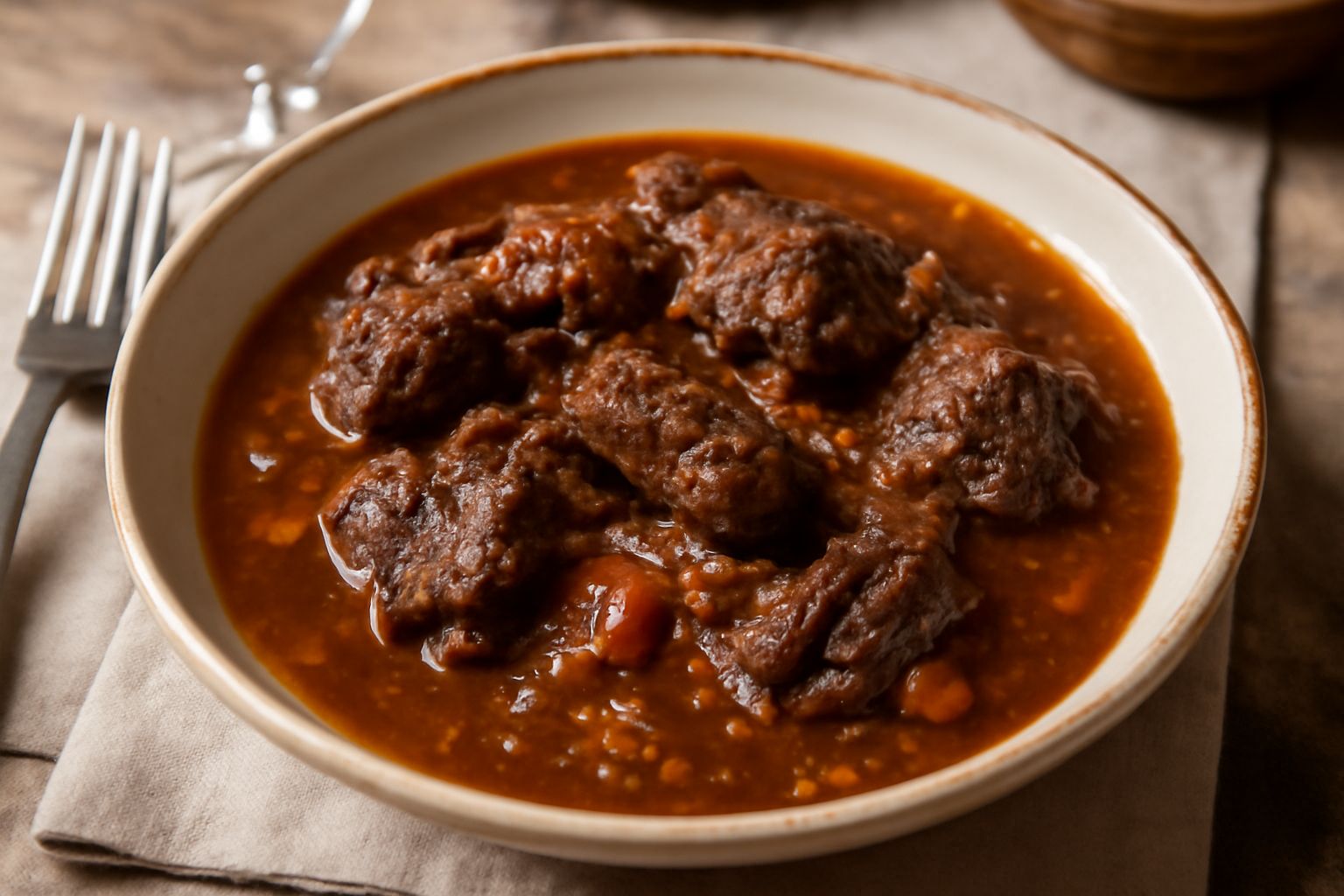 Intingolo di lepre in umido in piatto fondo di ceramica bianca: carne scura e morbida in sugo rosso-marrone denso, con carote, sedano e rosmarino, contorno di polenta morbida ai bordi