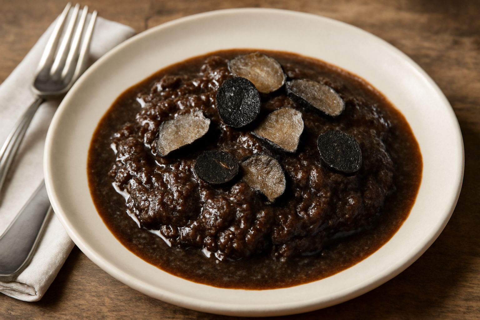 Intingolo di tartufo in una ciotola di ceramica bianca, colore marrone scuro con sfumature nere, consistenza cremosa e densa, pezzi di fungo visibili in superficie, guarnito con una scaglia di tartufo