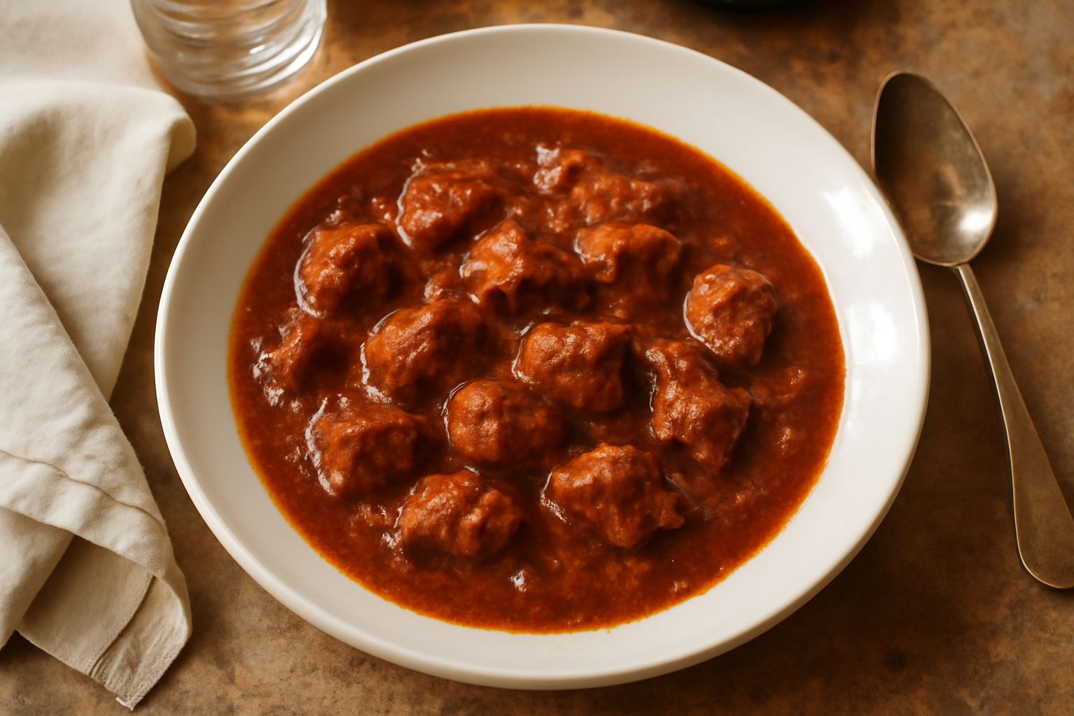 Piatto bianco fondo con pezzi di vitello marrone rossiccio immersi in sugo di pomodoro denso, guarnito con prezzemolo fresco, accompagnato da pane tostato ai lati