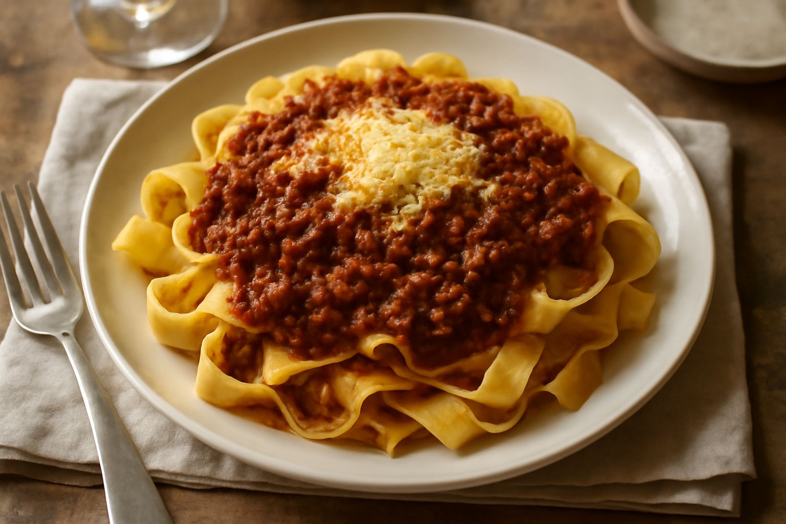 Piatto di pappardelle al ragu coperte di intingolo marchigiano marrone scuro, con parmigiano grattugiato bianco in cima, servito in piatto bianco fondo su tavolo di legno