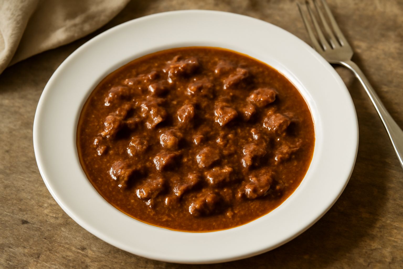 Intingolo veneto in pentola di coccio, sugo marrone scuro con pezzetti di carne visibili, servito in un piatto bianco con polenta gialla a lato, guarnito con prezzemolo fresco