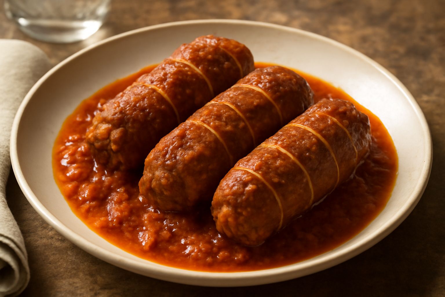 Tre involtini ca' ragù disposti nel piatto bianco, ricoperti di ragù rosso scuro, contornati da salsa densa e aria di vapore leggero, guarniti con prezzemolo fresco