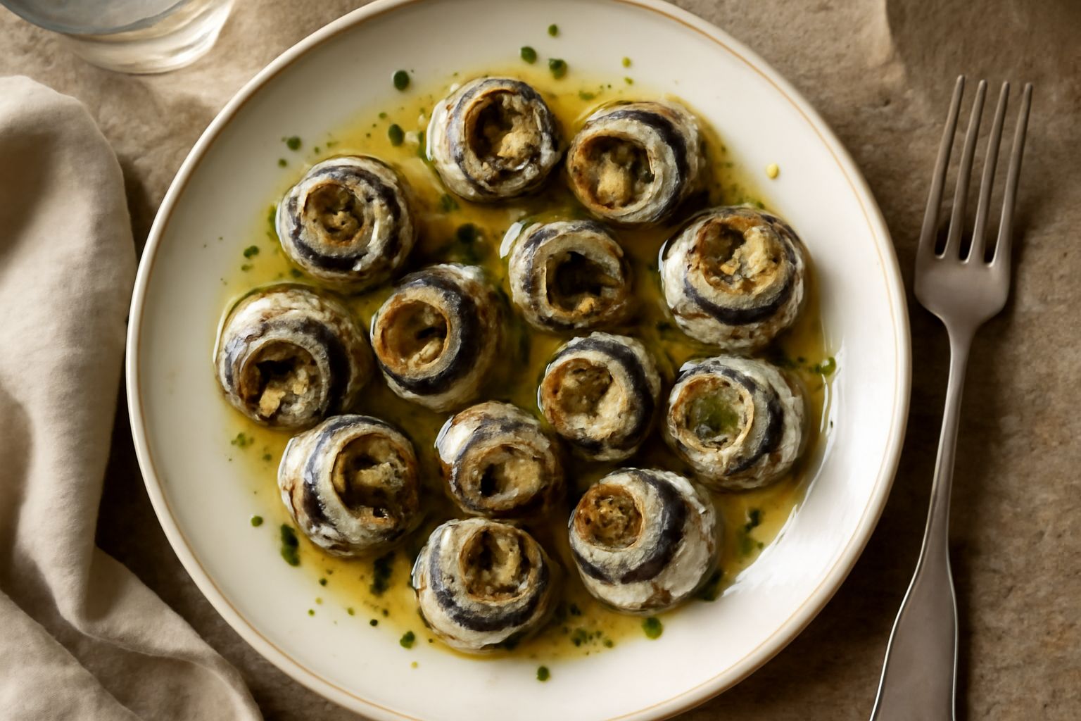 Involtini di alici disposti su un piatto bianco, arrotolati con ripieno di pangrattato e acciughe, conditi con olio e limone fresco