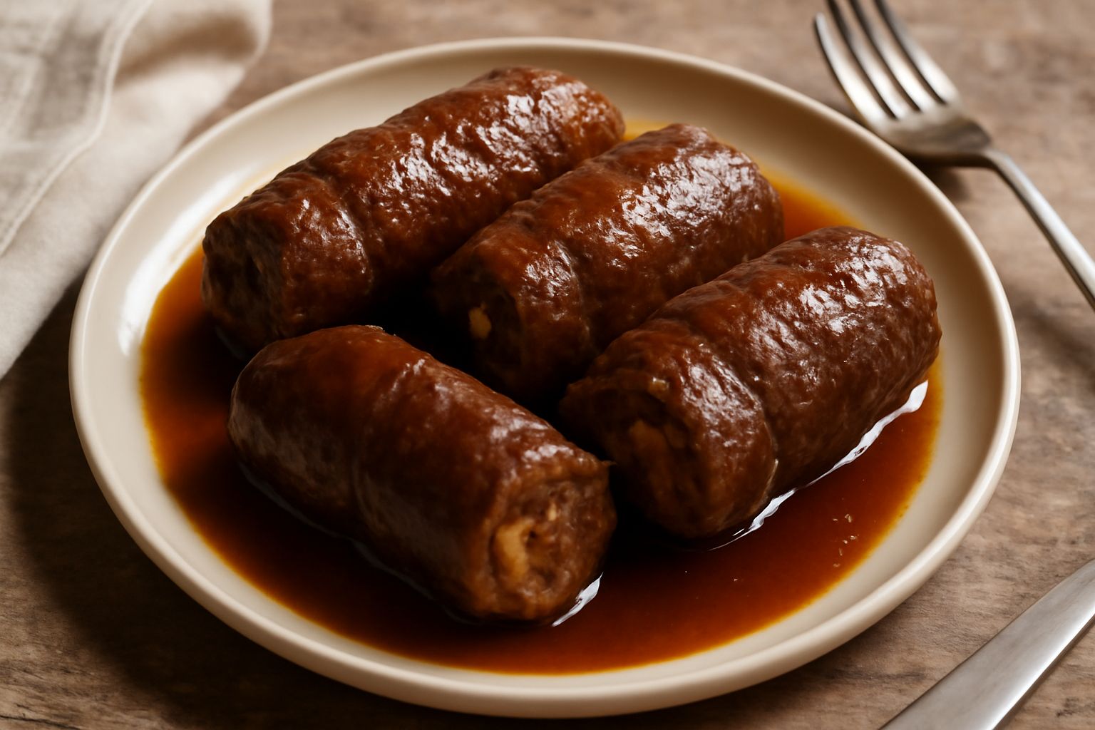 Involtini di carne dorati in teglia, ricoperti di salsa marrone, guarniti con prezzemolo fresco, disposti in file ordinata su fondo bianco