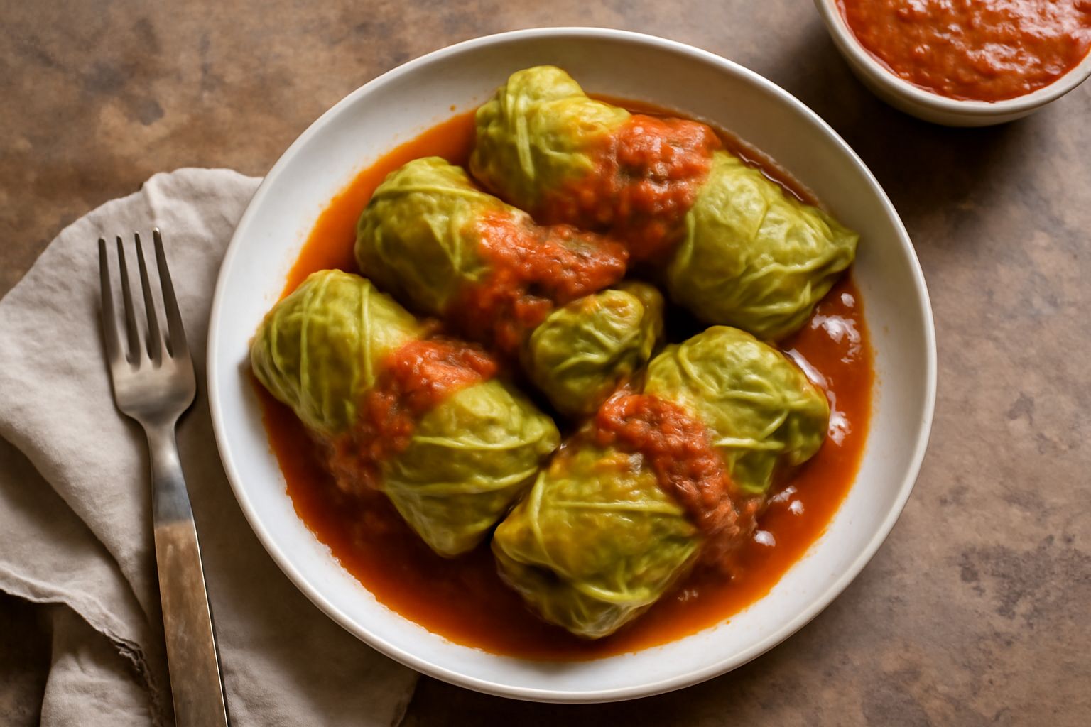Involtini di cavolo appena cucinati in una pentola di coccio rosso, ricoperti di sugo rosso di pomodoro, con una foglia di cavolo verde in primo piano