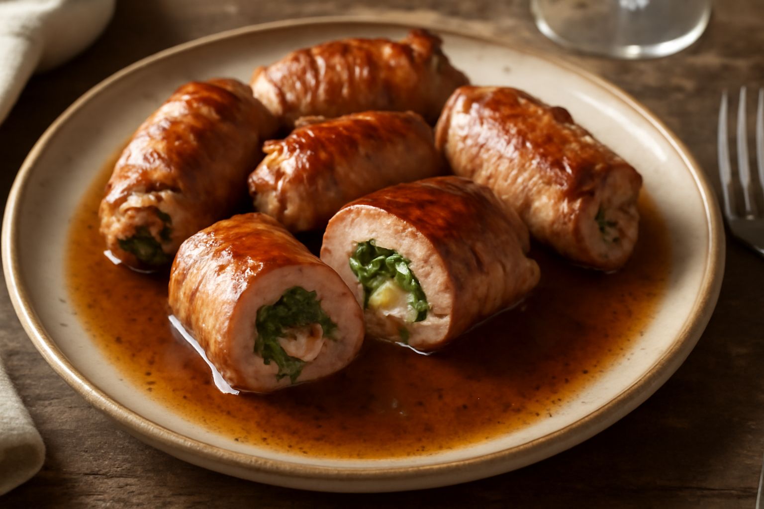 Tre involtini di maiale dorati, ripieni di verdure e formaggio, disposti su un piatto bianco con contorno di spinaci al burro, salsa di pomodoro sfumata intorno