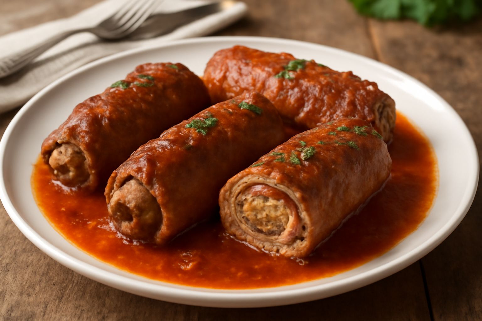 Tre involtini di manzo dorati con ripieno di pangrattato e prezzemolo visibile al taglio, adagiati su un piatto bianco con sugo di pomodoro, contorno di spinaci verdi freschi a lato