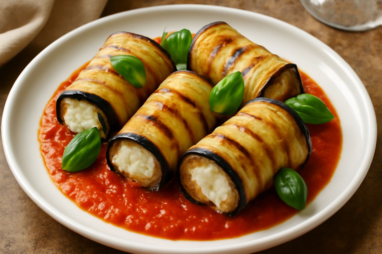 Involtini di melanzana disposti nel piatto, ricolmi di ricotta bianca che spunta dai bordi, decorati con basilico fresco verde e filamenti di pomodoro rosso, con sugo di pomodoro intorno