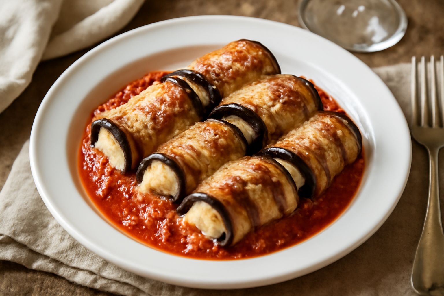 Tre involtini di melanzane impiattati su ceramica bianca, dorati e gratinati, con melanzane viola scuro avvolte intorno al ripieno color crema, coperti di salsa rossa di pomodoro e filamenti di basili