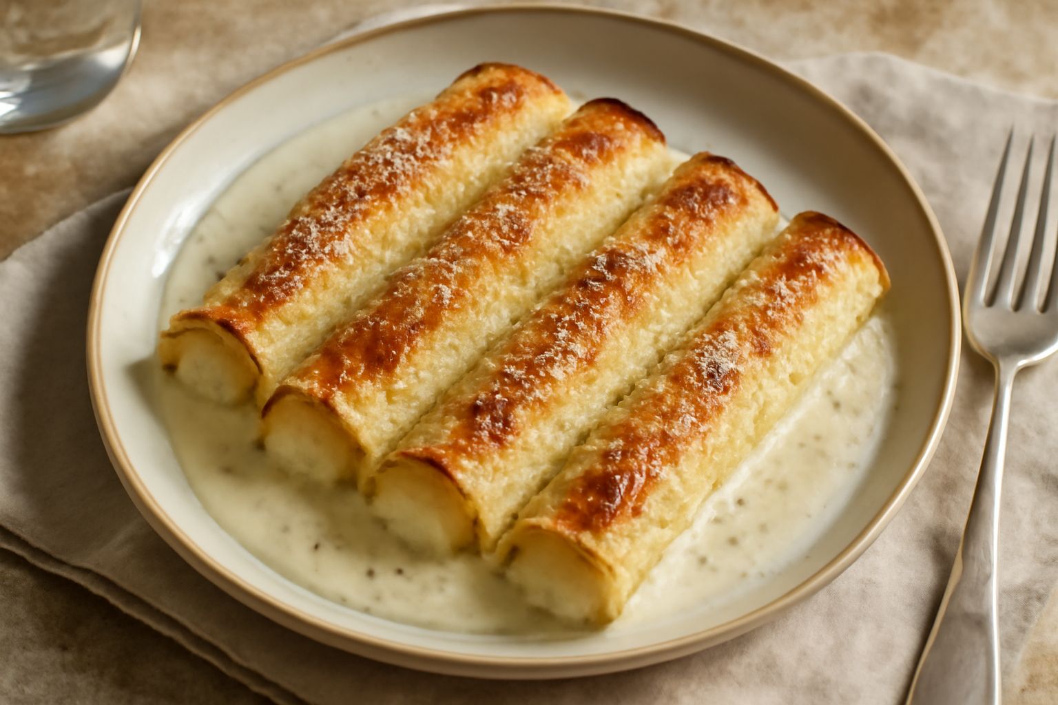 Involtini di pasta dorati e gratinati disposti in una pirofila di ceramica bianca, cosparsi di parmigiano grattugiato, con salsa di pomodoro e melanzane sullo sfondo